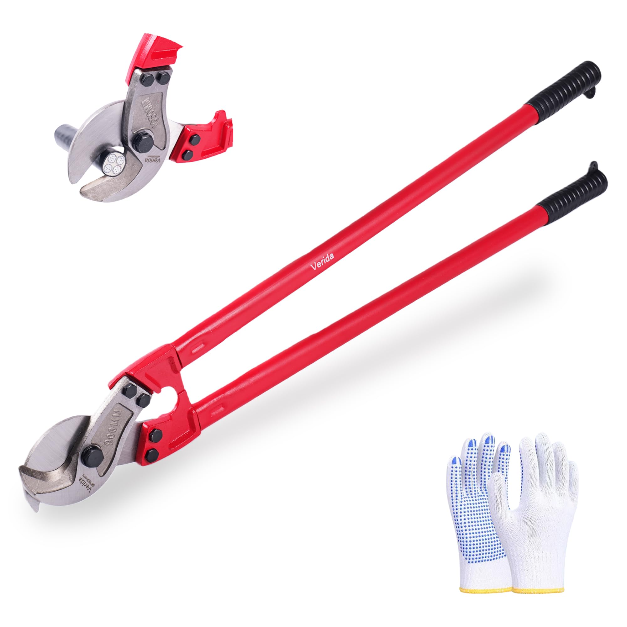 Verida Kabelschneider, 81,3 cm, robuster großer Kabelschneider, Chrom-Vanadium-Stahl, Härte 62 HRC, geeignet zum Schneiden von dicken Kupfer- und Aluminiumkernkabeln, rot