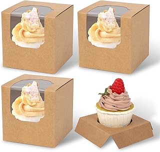 70 Packs 3.5" x 3.5" x 3.5"Pop up Cookie Boxes Kraft Brown Cupcake Individual Bulk Paper Cupcake Containers Single with Insert and Window,Cocoa Bombs Box for Bakery Gift (Brown/70Pcs)