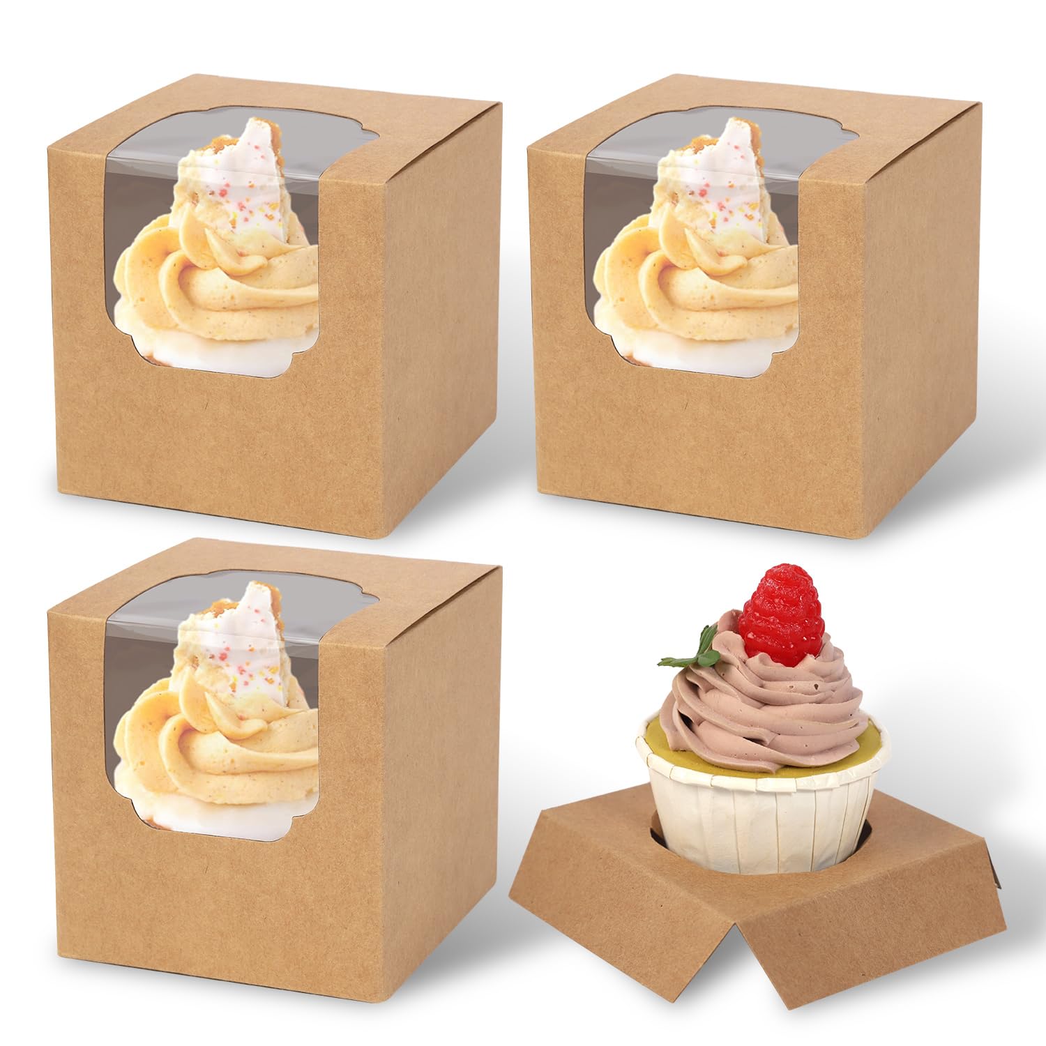 JCD 120pcs Cupcake Boxes, 3.5inches Individual Pre-Assembled Kraft Brown Cupcake Boxes with Window Single Cupcake Containers for Mother's Day, Birthdays, Baby Shower (Brown/120Pcs)