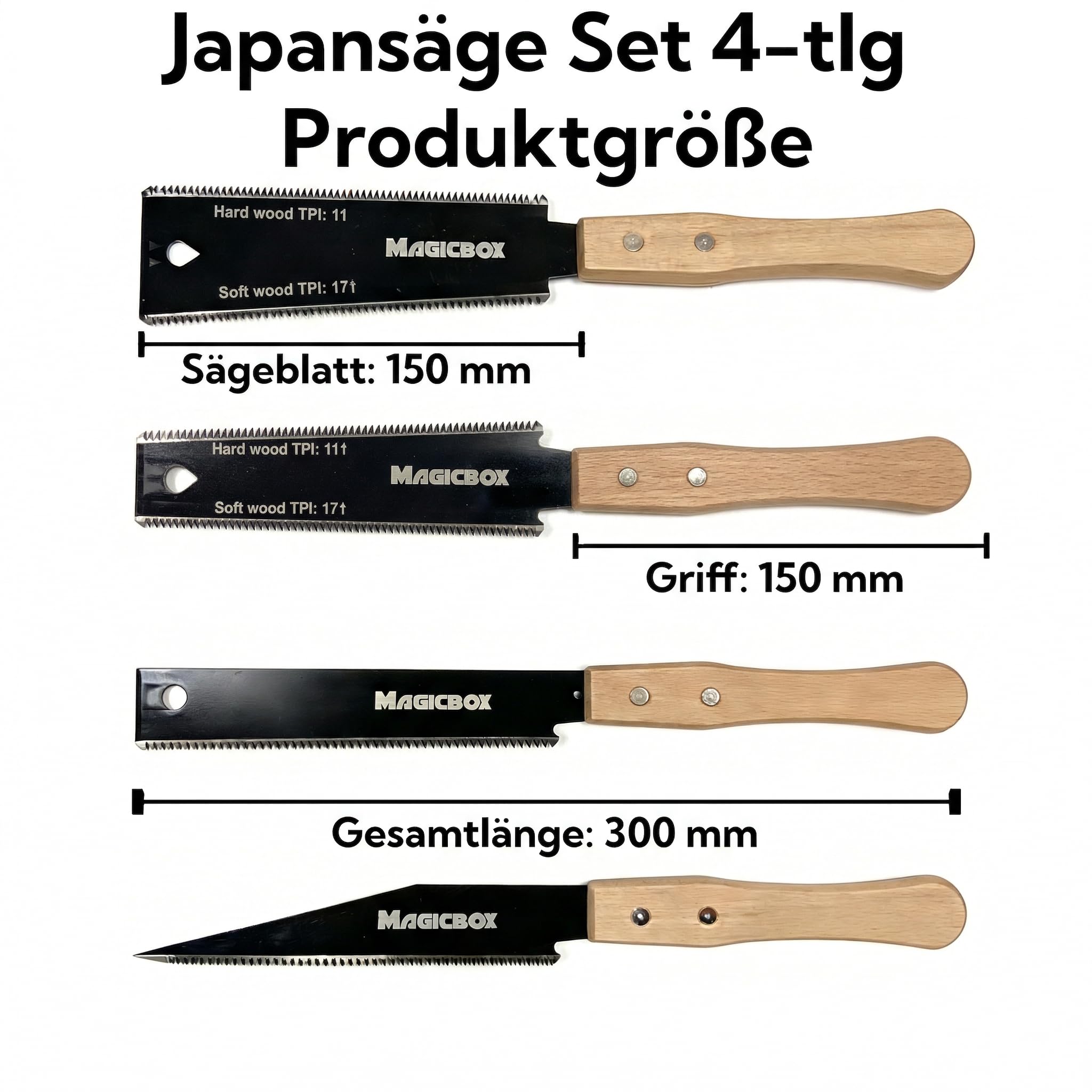 Magicbox Juego de sierras japonesas de 4 piezas, sierra japonesa Ryoba y madera de sierra fina, sierra de tracción 11/17 TPI con hoja SK5, sierra de espiga para carpintería, sierra japonesa Dictum