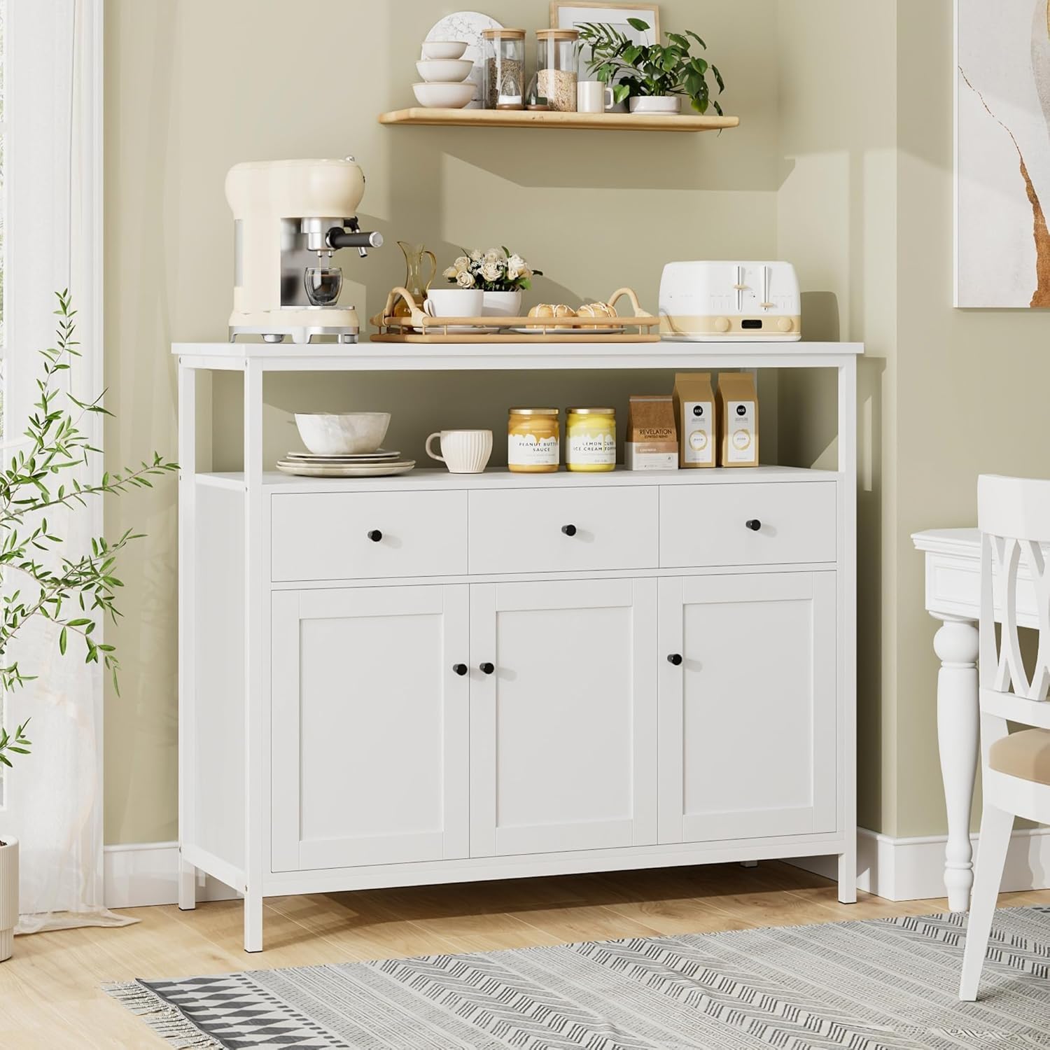 FirFurd Credenza Cucina con 3 Ante, Mobile Cucina con 3 Cassetti, Credenza Soggiorno con Ripiani Regolabili, Doppio Piano di Lavoro, per Sala da Pranzo Soggiorno Corridoio, 108x38x98,5 cm Bianco