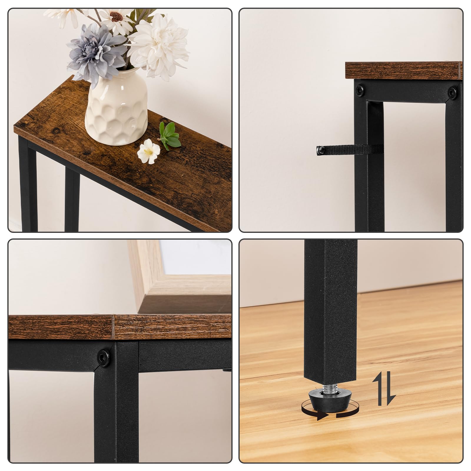 HOOBRO Mesa de Consola Estrecha con Toma de Corriente y Puerto USB, Mesa de Entrada con Estación de Carga, Mesa de Sofá, Mesa Auxiliar, para Entrada, Pasillo, Marrón Rústico y Negro EBF205CXG01