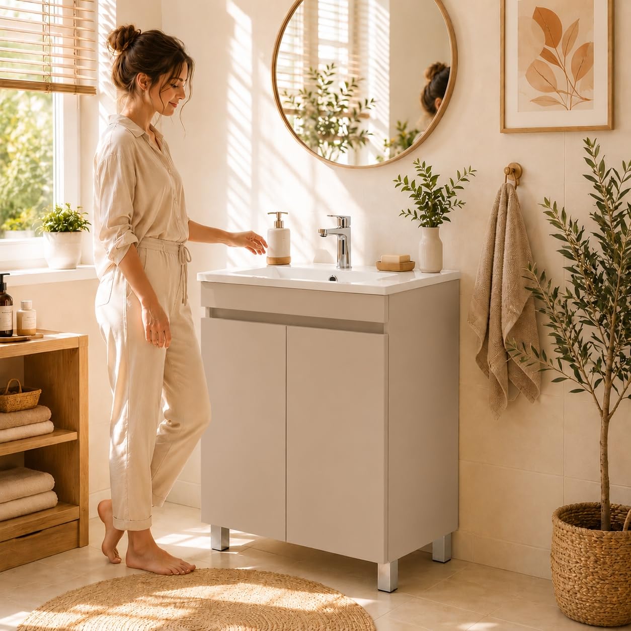 Mueble de baño con lavabo de pie con lavabo con acabado en cachemira (beige) mate, 60 x 40 cm, sistema de cierre suave.