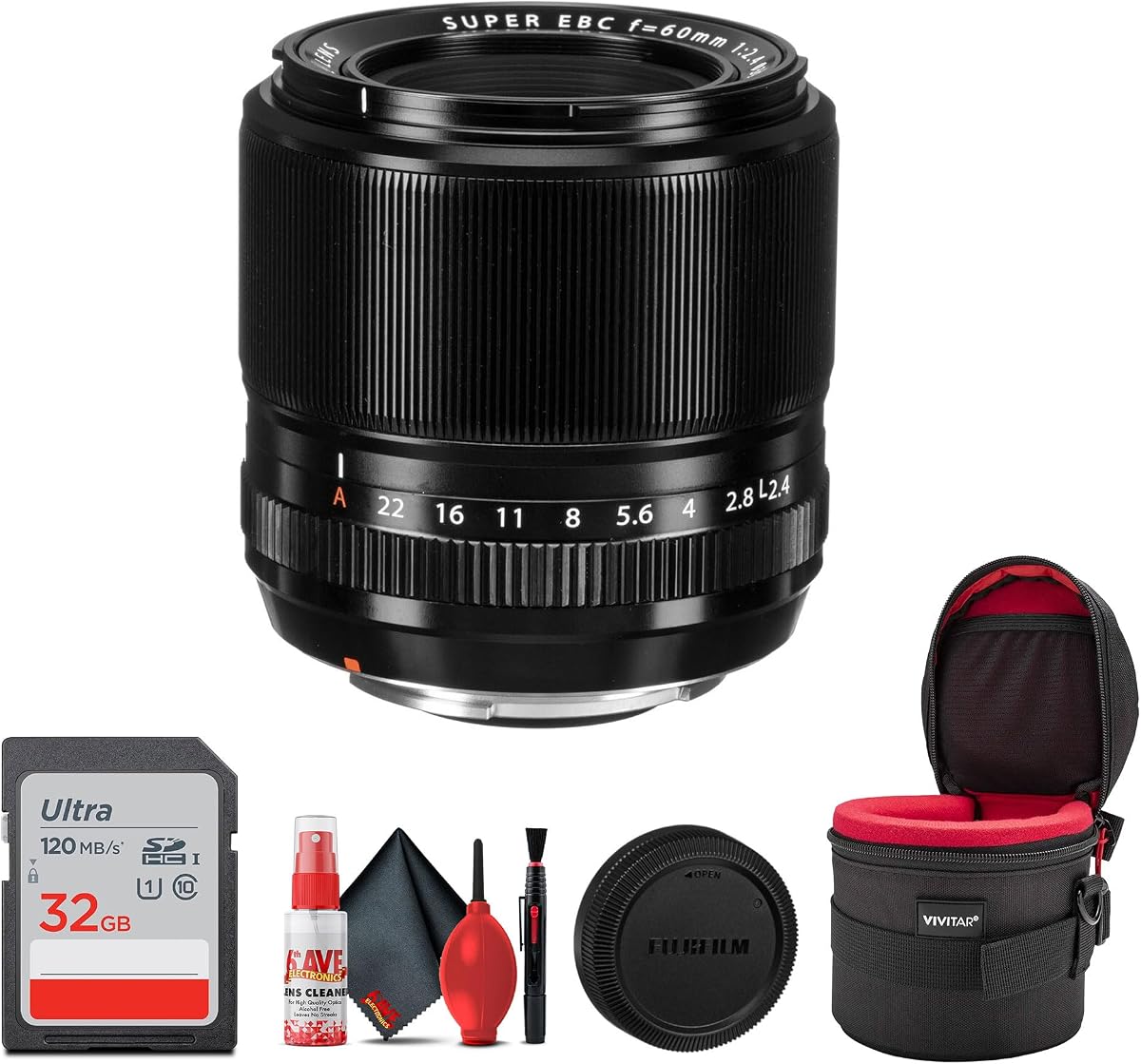Fujifilm XF 60mm f/2.4 Macro Lens with Lens Case with Cleaning Kit Bundle | For Macro, Detail & Creative Photography | Includes 32GB Memory Card