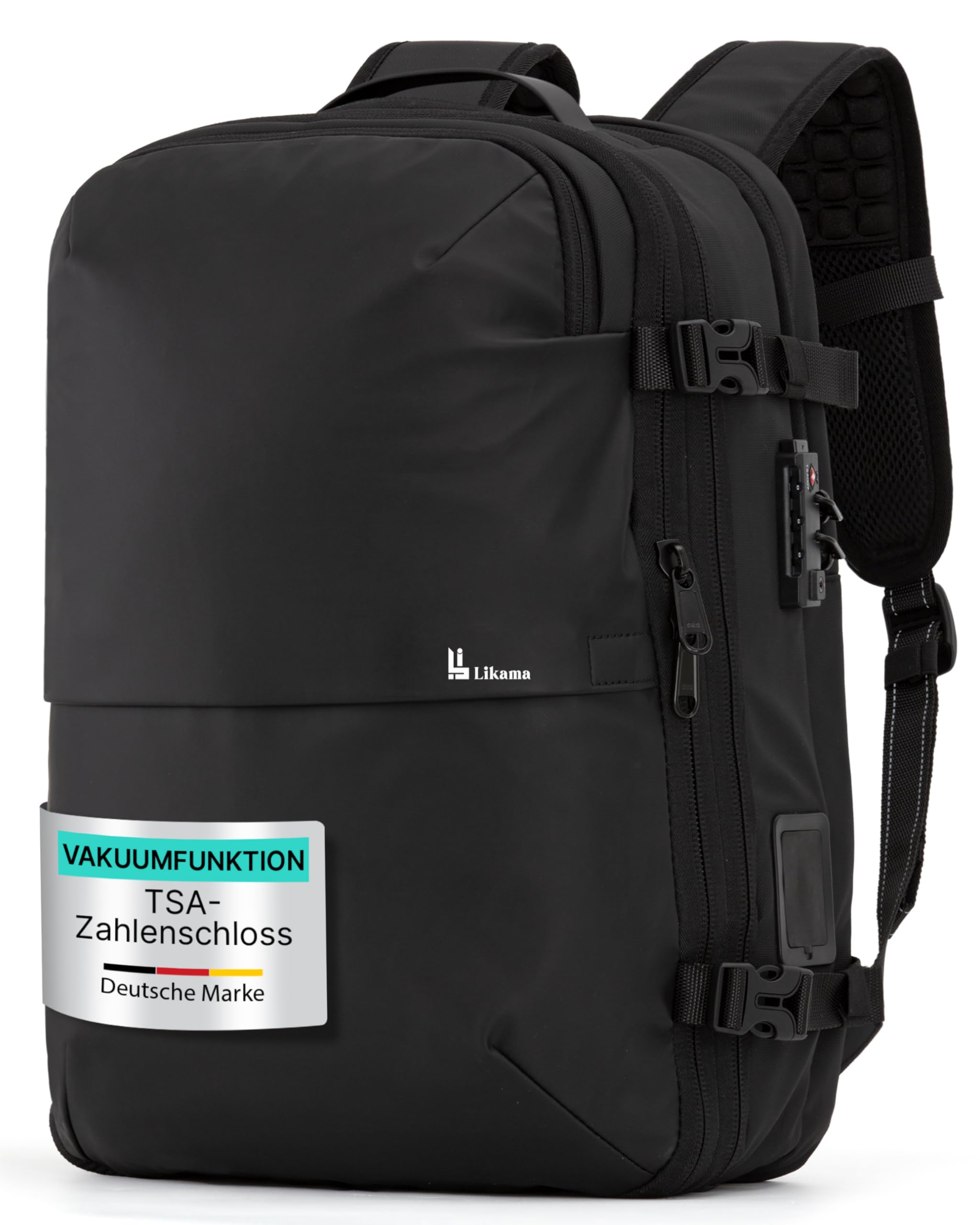 Vakuum Rucksack 25–60 L mit integrierter USB-C Pumpe – Kompressions-Reiserucksack Handgepäck, erweiterbar & wasserdicht mit Nassfach, Laptopfach 17 Zoll, TSA Schloss, Business und Reisen schwarz