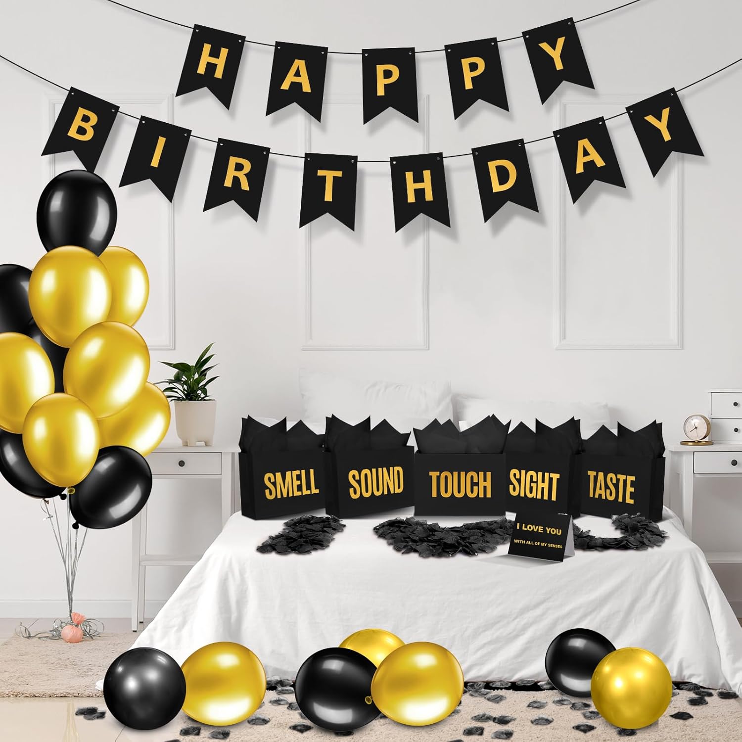 Soulchen 5 Senses Gift Bags for Him Her with Labels, Five Senses Gift Birthday Party Decoration Tissue Paper Handles, Comes with Rose Petals Banner Balloons for Party(Birthday,Black Gold)