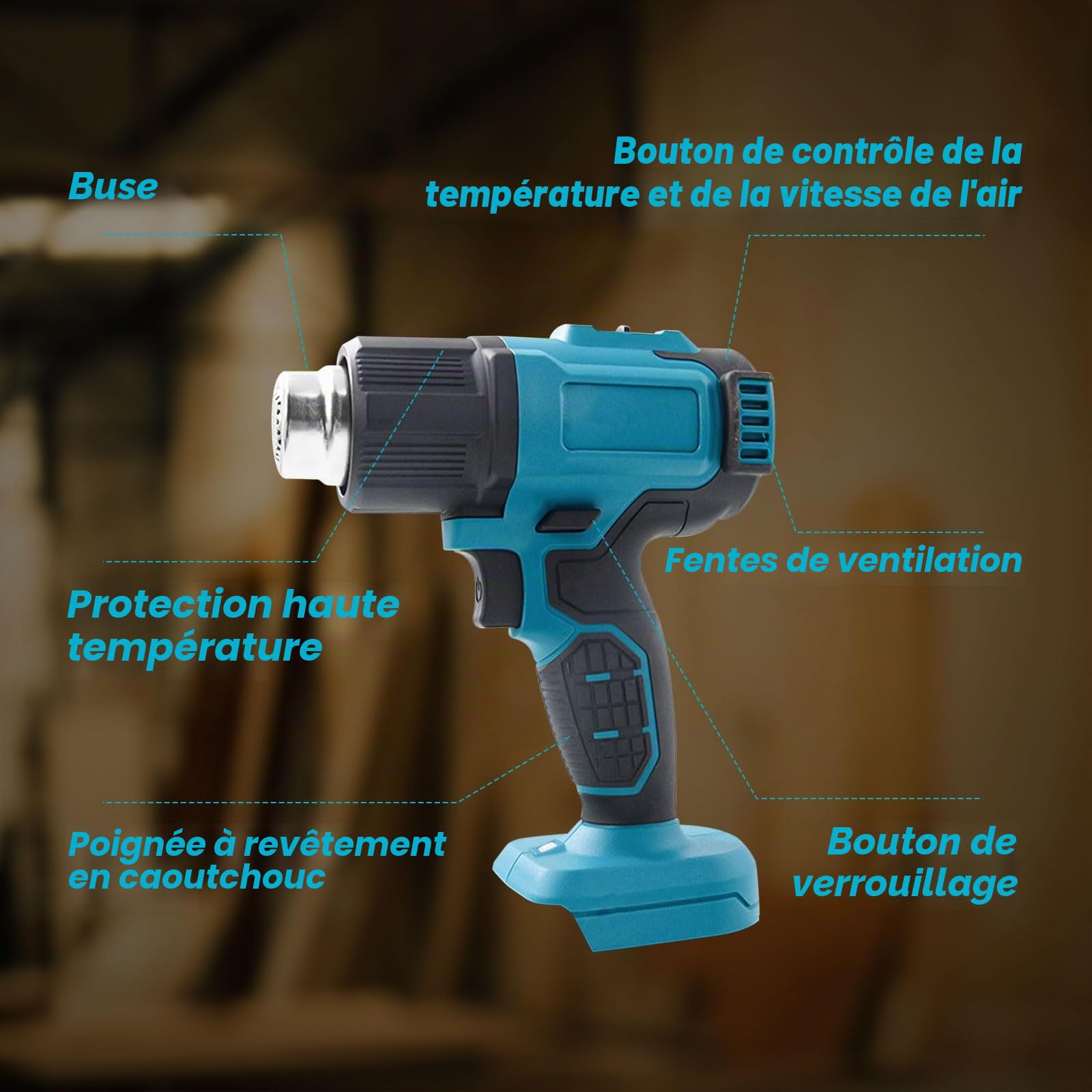 Pistolet thermique sans fil compatible avec batterie Makita 18 V, max 550 °C, chauffage rapide en 2 à 3 s, avec 5 buses pour tube rétractable, film vinyle, artisanat, électronique (sans batterie)