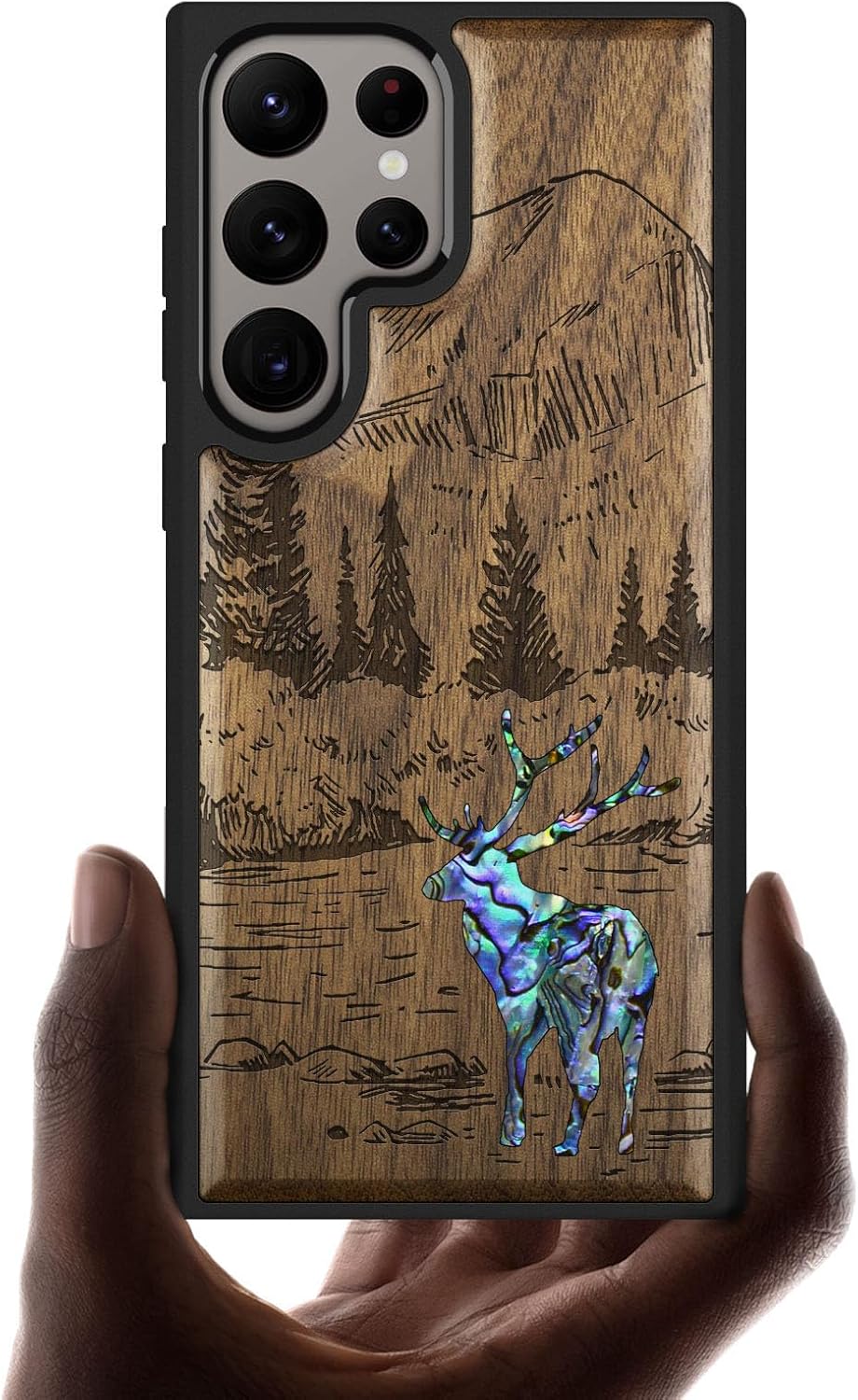 Carveit Designer Wooden Case for Samsung Galaxy S24 Ultra Case [Wood Engraving & Shell Inlay] Compatible with Wireless Chargers S24 Ultra Cover (Forest Deer-Walnut)