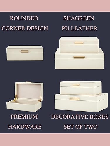 Miniatura 7 de Shagreen - Juego de 2 cajas decorativas de cuero marfil con tapas, modernas cajas apilables con asas doradas para organizar la decoración del hogar