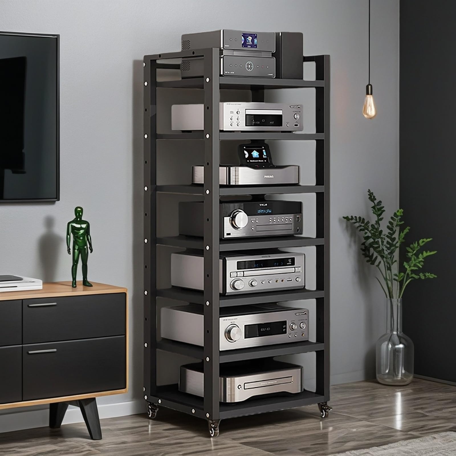7-Tier AV Media Stand, Audio Rack Stereo Cabinet, Adjustable Media Storage Shelves with Wheels, CD Player Video Game Console Shelf Entertainment Component Stand(B)