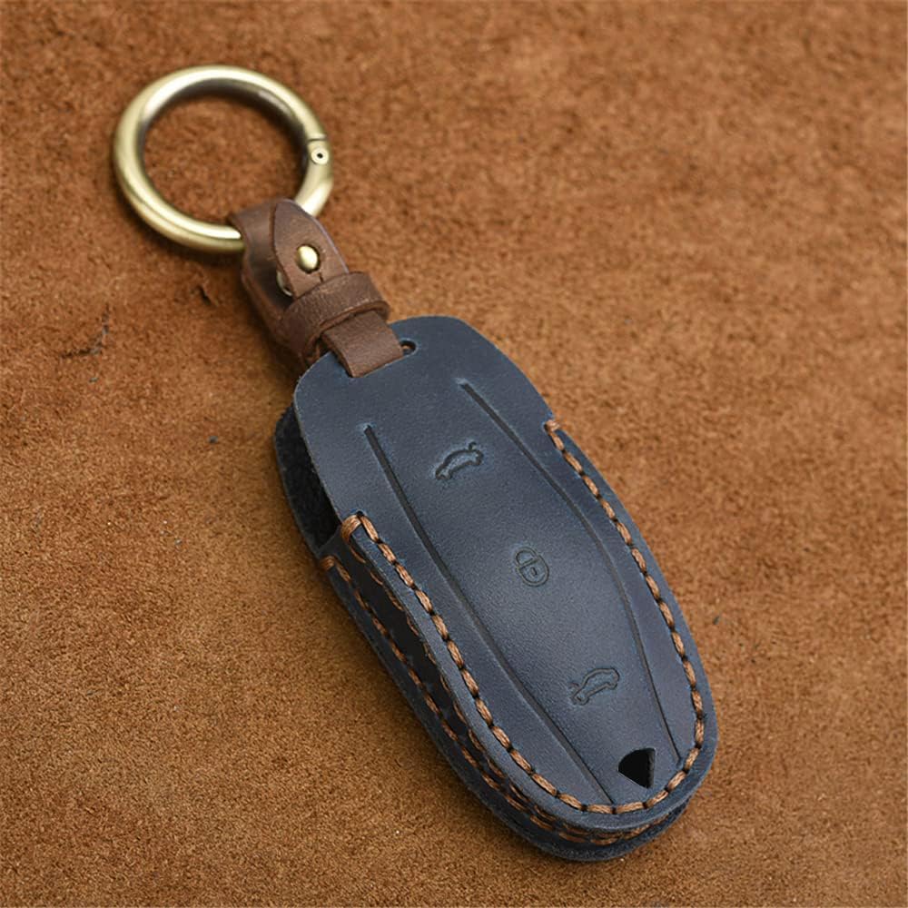 Handmade Leather Key Fob Case Key Cover Shell Smart Remote Control Car Key Protector Compatible for Tesla Model X Model S Model 3(Blue)