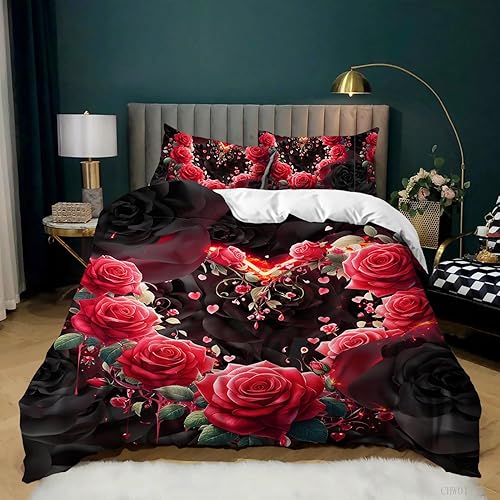 Miniatura 49 de AILONEN Juego de funda de edredón de rosa roja, tamaño King, juego de ropa de cama de delfín estrellado azul, funda de edredón romántica de San