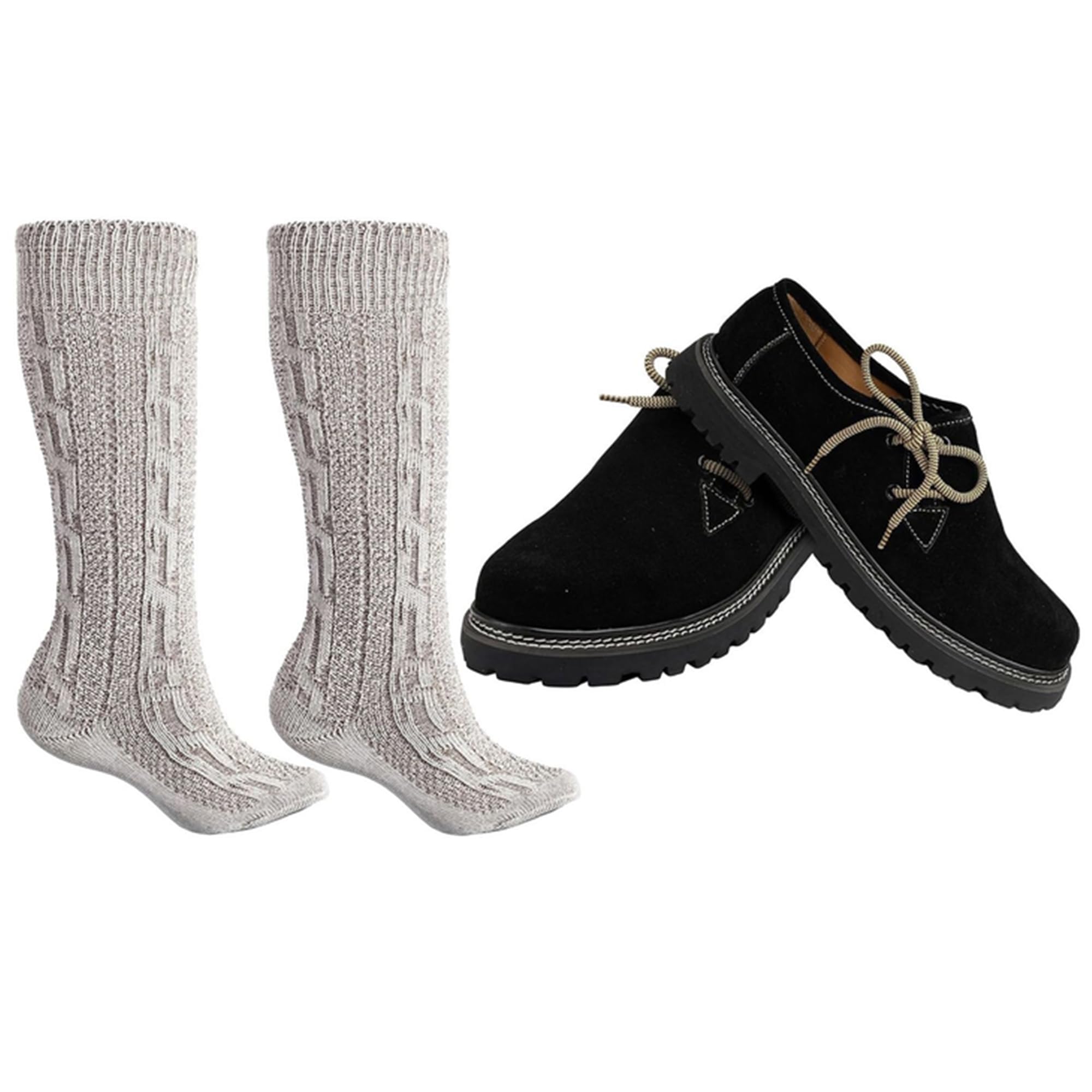 German Wear Haferlschuhe Trachtenset Herren Trachtenschuhe Trachtensocken 2 Schnürsenkel Set - Wildleder Original Handmachart 100% Leder-Futter Lederschuhe mit Melierte Socken