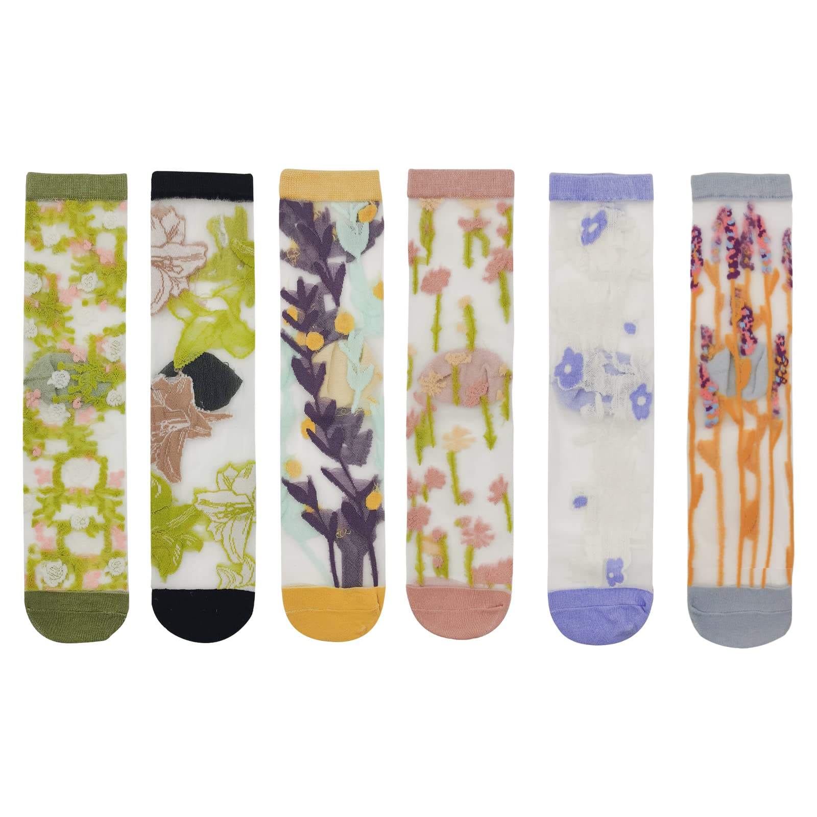 Andiker6 Pairs Women Sheer Socks, Flower Printed Embroidery Breathable Mesh Socks, Casual Ankle High Lace Stockings for Women and Girls