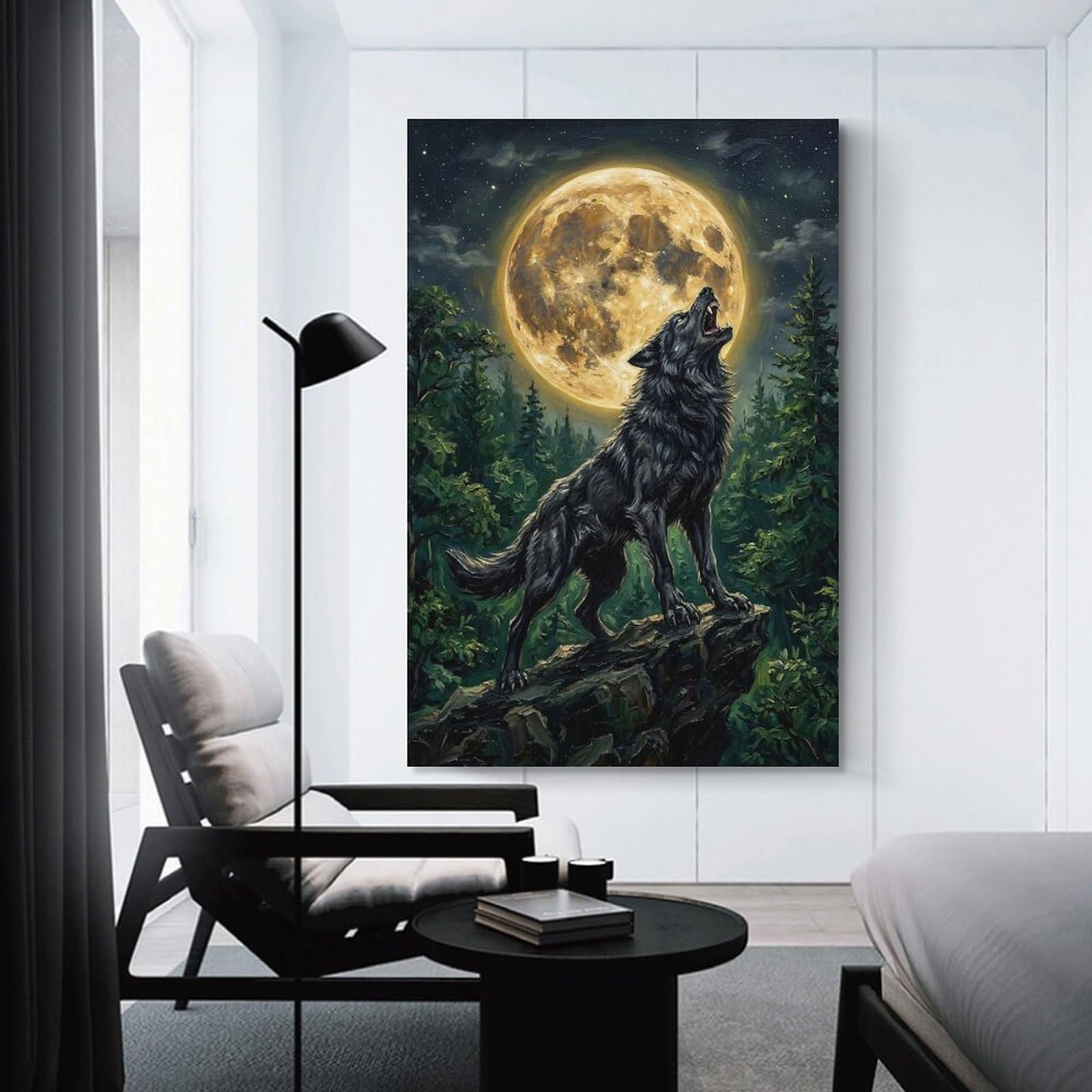 Junmoney Decorative Canvas Print Wolf Howling at The Full Moon, 20x30inch(50x75cm), for New Homes, Bedrooms Or Workspaces, Thoughtful Wall Decor for Art Lovers