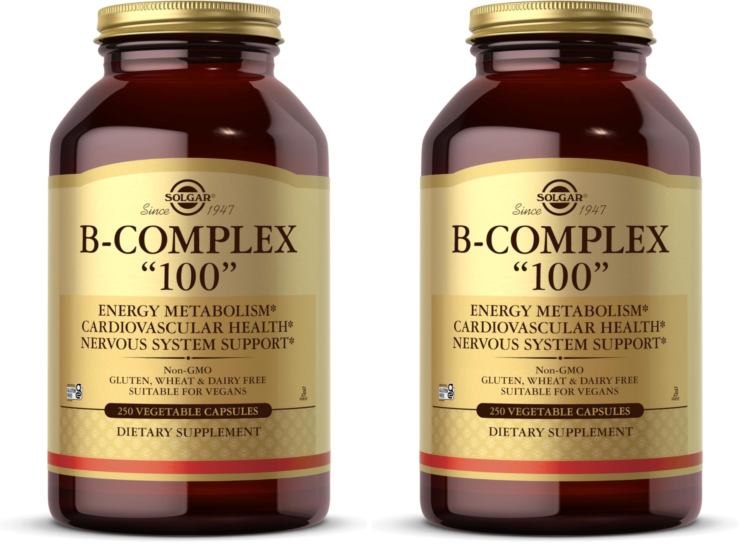 Solgar B-Complex 100",250 Vegetable Capsules - Nervous System Support - Supports Energy Metabolism - Non-GMO,Vegan,Gluten Free,Dairy Free,Kosher - 250 Servings,(Pack of 2) 250 Count (Pack of 2)