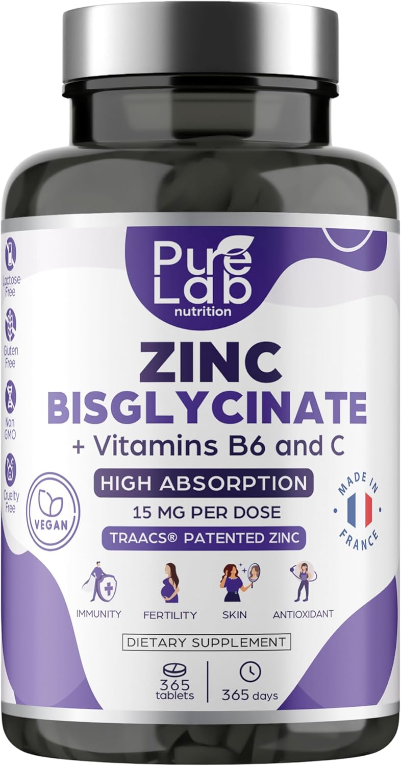 Zinkbisglycinaat + vitamine B6 en C – hoge absorptie – immuniteit, antioxidant, huid – lactosevrij, glutenvrij – gemaakt in Frankrijk – kuur 1 jaar, 365 tabletten Pure Lab Nutrition®