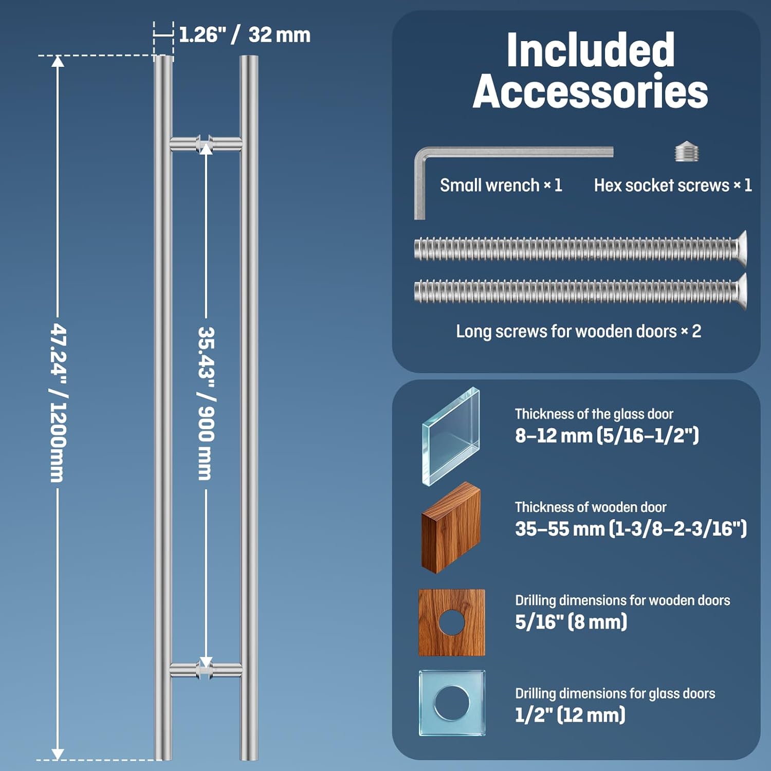 Ranbo Ladder Style 48" Large Push Pull Door Handle, 900mm (35-7/16 inch) CTC, Anti-Fingerprint, Heavy Duty 1.2mm Thick 304 Stainless Steel for Barn, Front, Commercial, Entrance Doors, Brushed Nickel