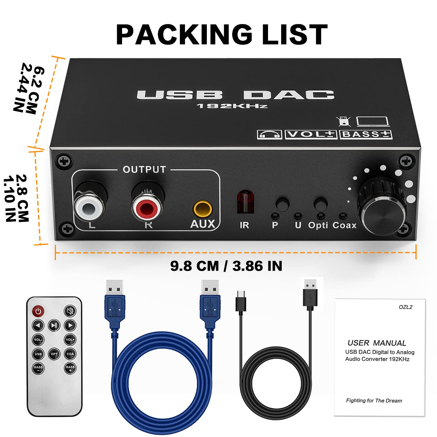 Tendak Convertitore audio digitale a analogico DAC USB da 192 KHz, SPDIF ottico USB coassiale a scatola stereo analogica L/R 3,5 mm jack convertitore adattatore audio con controllo del volume