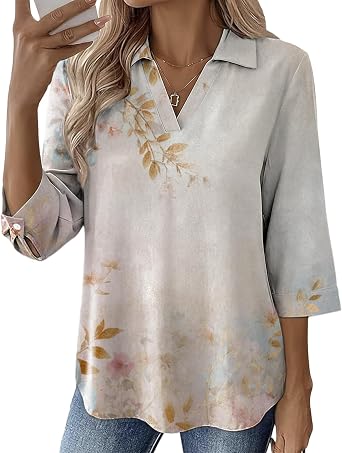 MARSVOVO Shirts for Women Fashion Printed Collared V-Neck 3/4 Sleeve Blouse Casual Comfy Breathable Relaxed Fit Tops