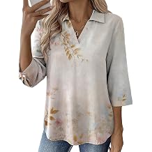 MARSVOVO Shirts for Women Fashion Printed Collared V-Neck 3/4 Sleeve Blouse Casual Comfy Breathable Relaxed Fit Tops