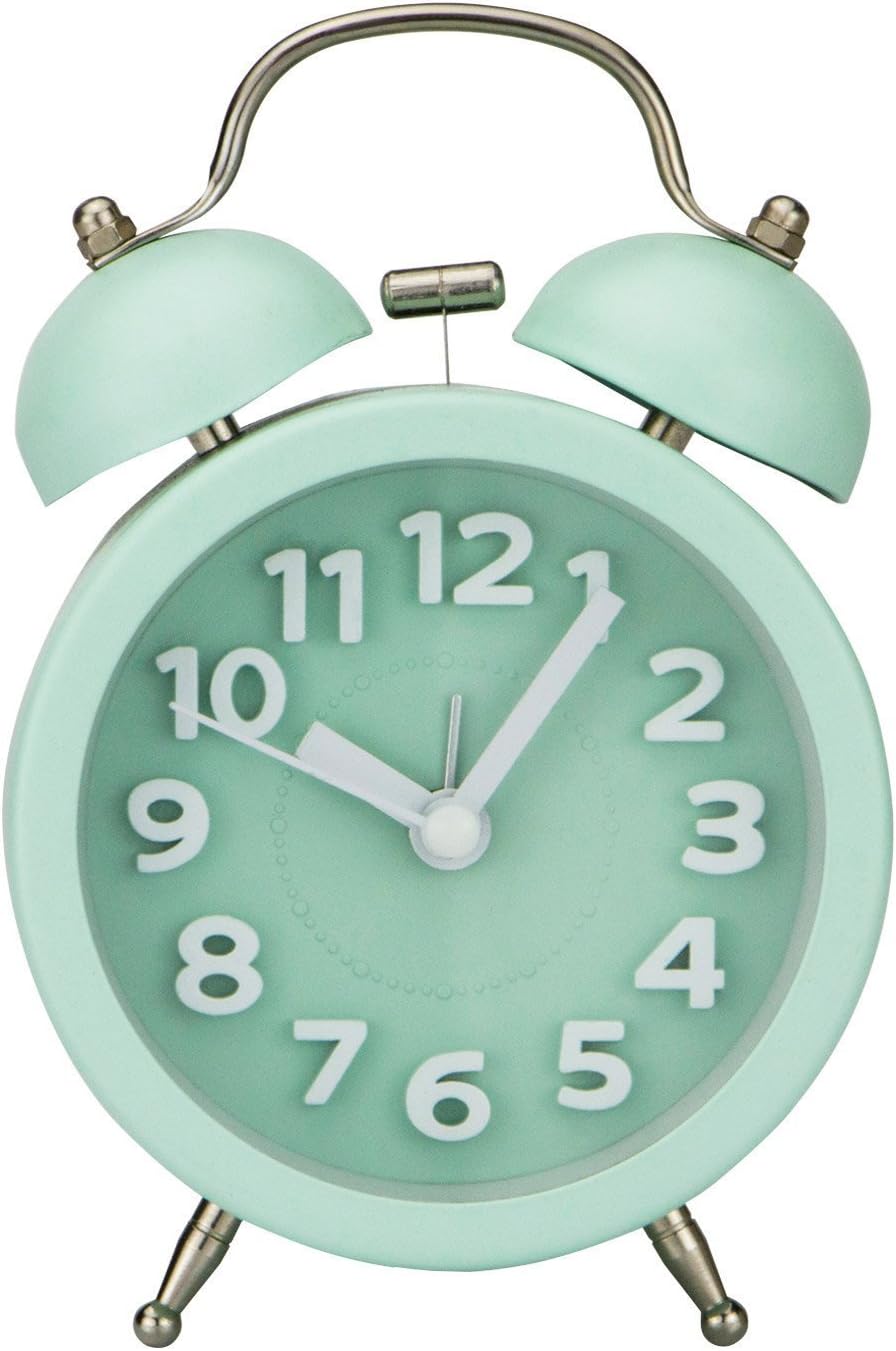 PILIFE Silent Non Ticking Vintage Analog Alarm Clock with Round Twin Bell Loud Alarm/Night Light/3D Numbers for Light & Heavy Sleepers(Green)