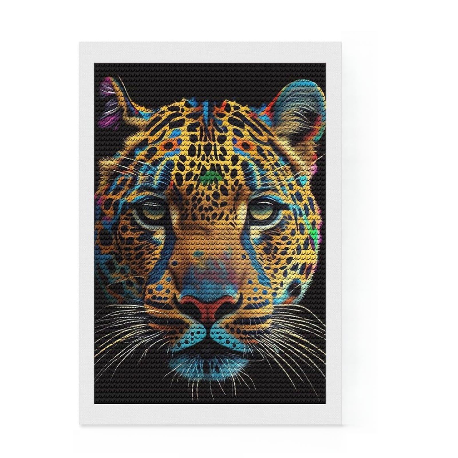 Junmoney Colorful Cheetah Animals Diamond Painting Set 8"x12", Sparkling Round Gems, Satisfying Creative Project, Fun Craft Experience, Office Decor