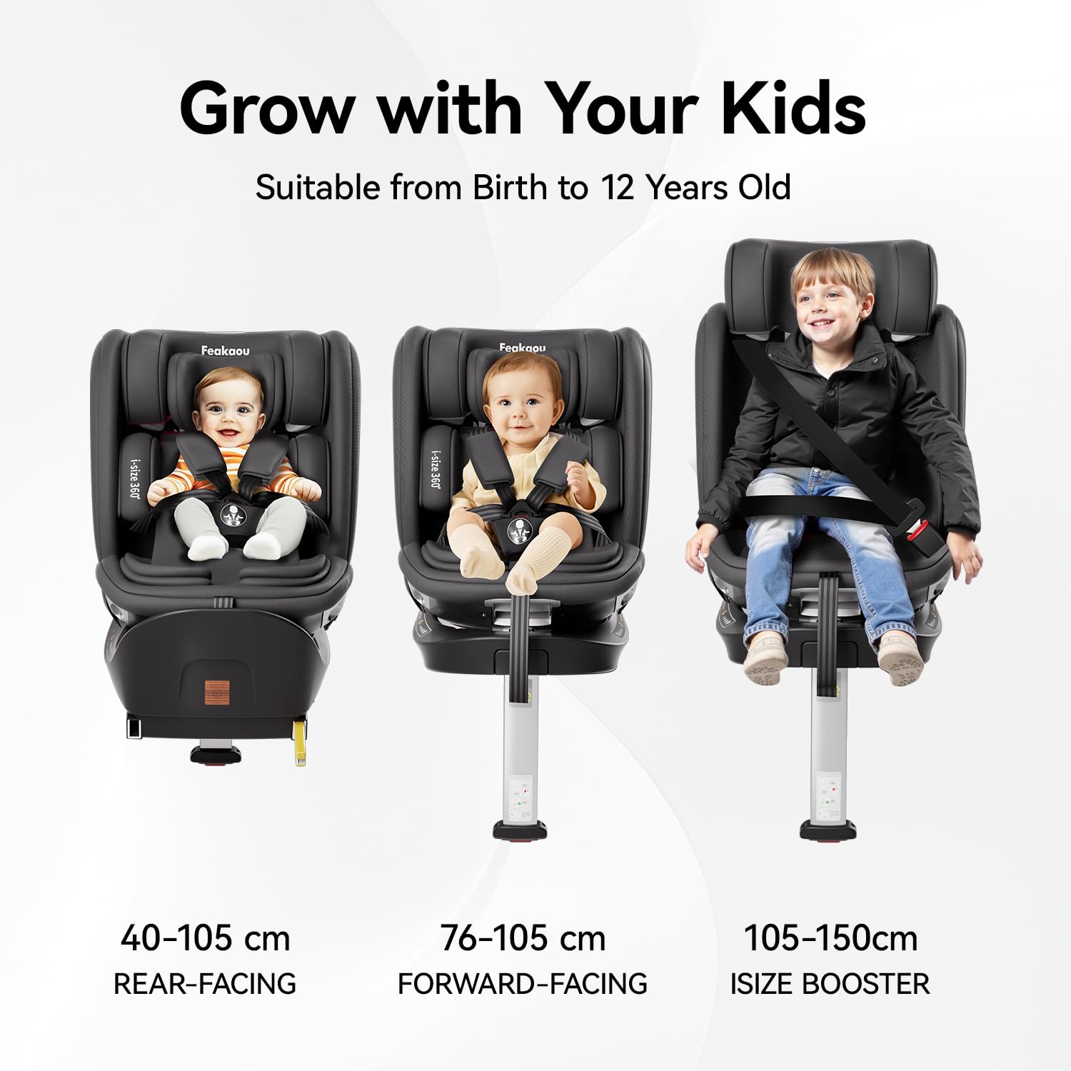Feakaou 360 Car Seat with ISOFIX - for Newborn to 12 Years Children, i-Size (ECE R129/E4) Rotating Swivel Baby Car Seat,Group 0+1/2/3 (40-150cm),Rear Facing for Longer from Birth to 4 Years.Black. — view 3