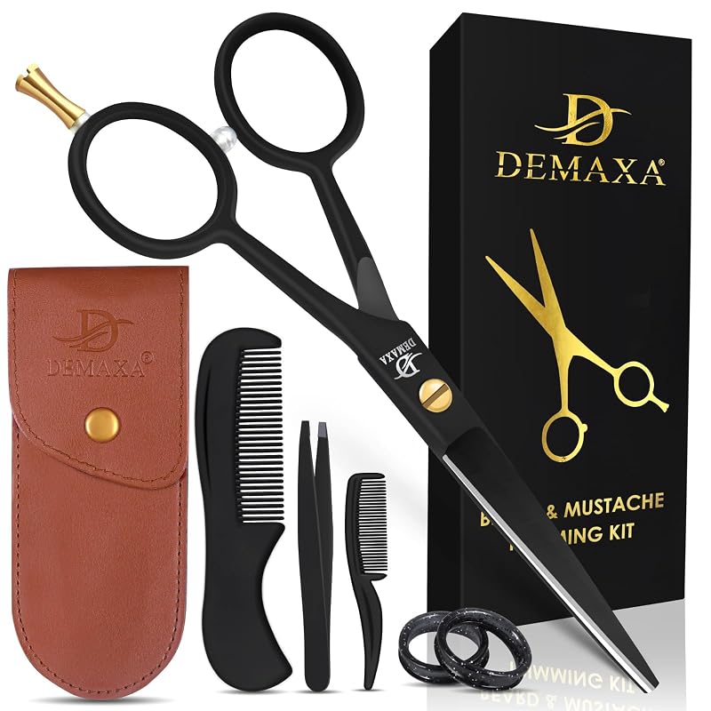 DEMAXA Tesoura para Bigode e Barba de 12,7 cm com Pinça de Ponta Fina, 2 Pentes e Estojo