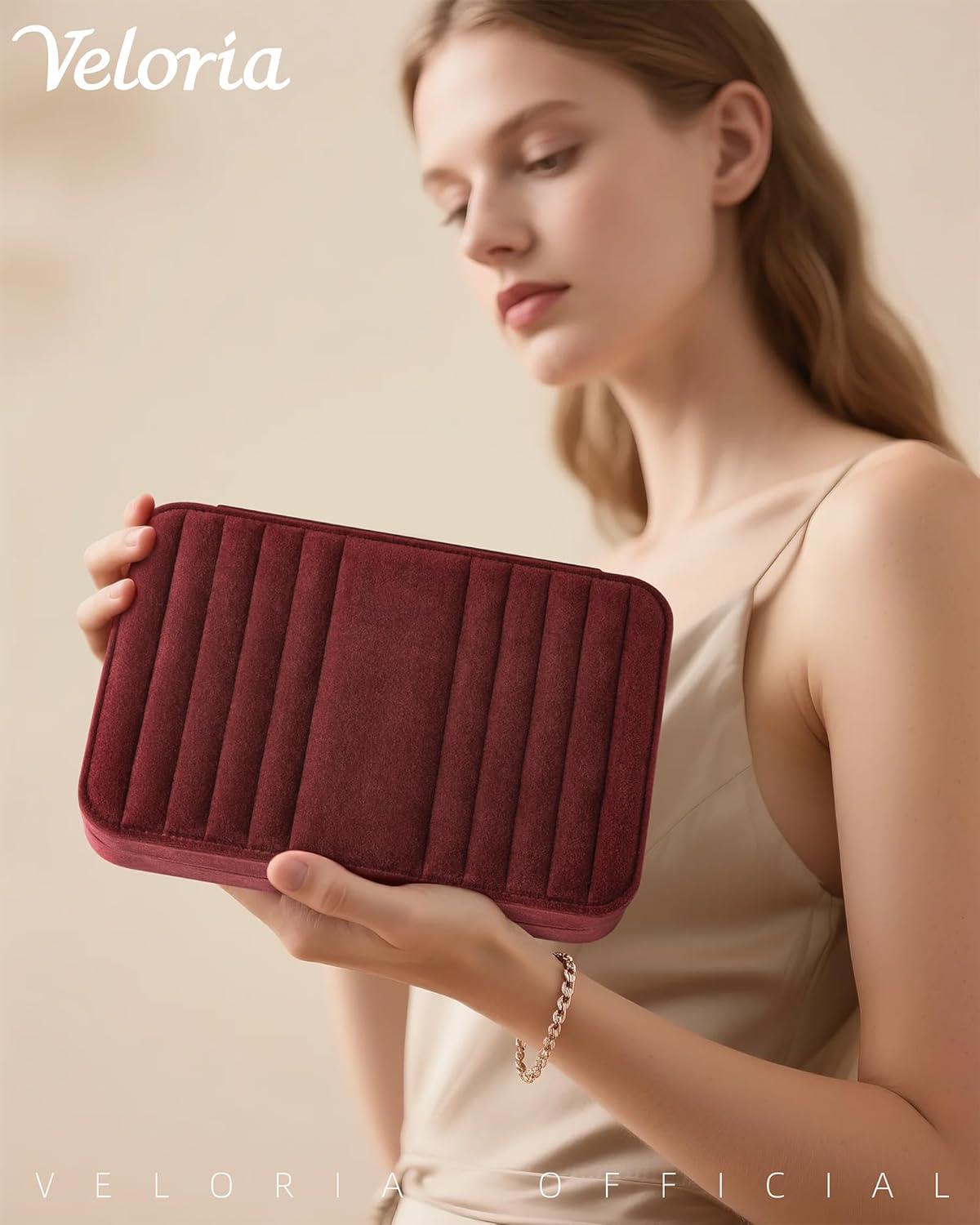 VELORIA Velvet Travel Jewelry Box Organizer, Jewelry Case with 8 Snap Clasps for Necklaces, Ring & Earring Storage, Compact Jewelry Organizer for Bracelets and Bangles, Dark Red
