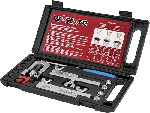 Wostore Brake Line Flare Kit, SAE Double & ISO Bubble, 7 Dies 3/16-5/8" | SAE double & ISO bubble flare tool with 7 dies (3/16-5/8"). Includes tubing cutter & pipe reamer. For brake line & fuel line.