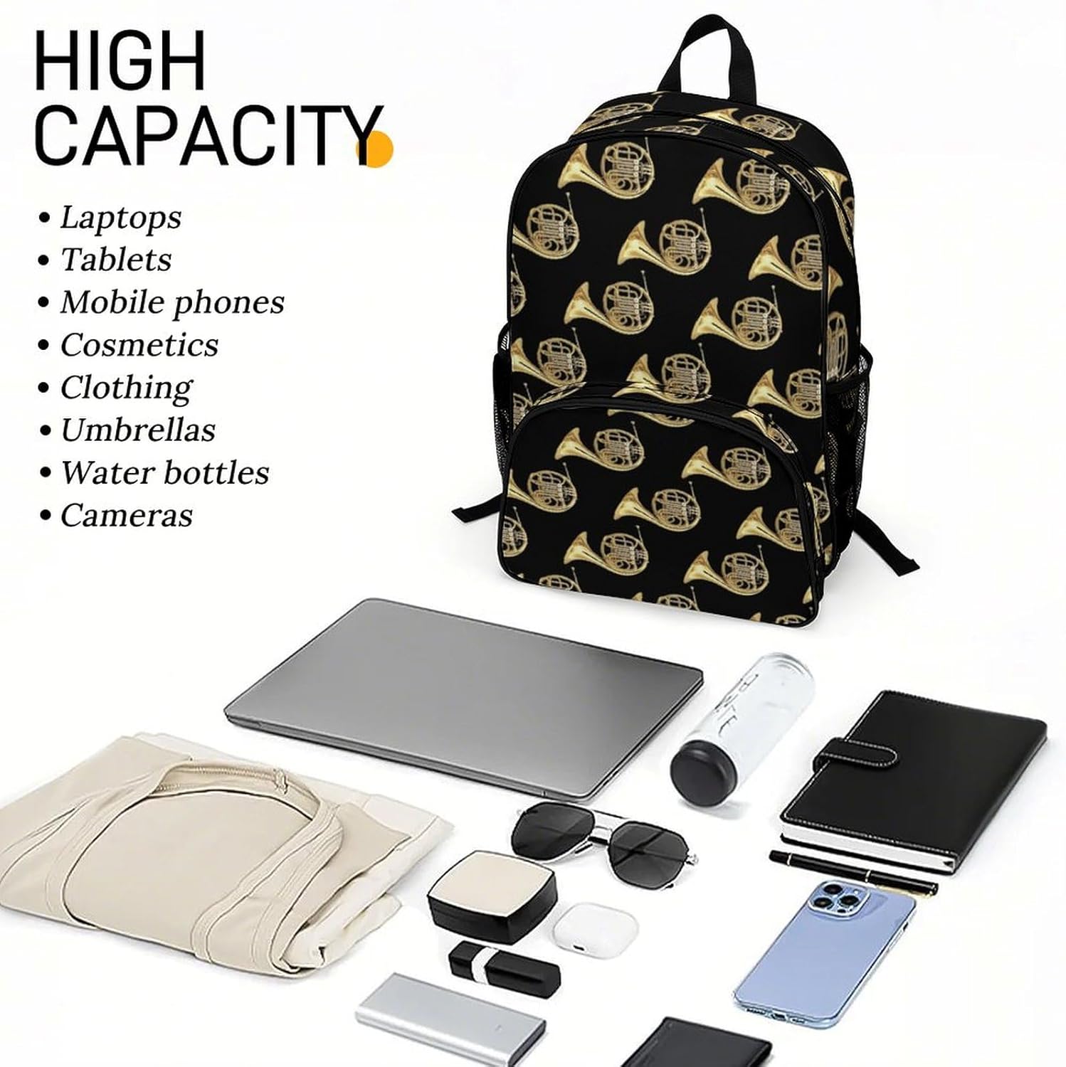 French Horns Golden Musical Instrument Black Fashionable Large Capacity Backpack, Portable Backpack