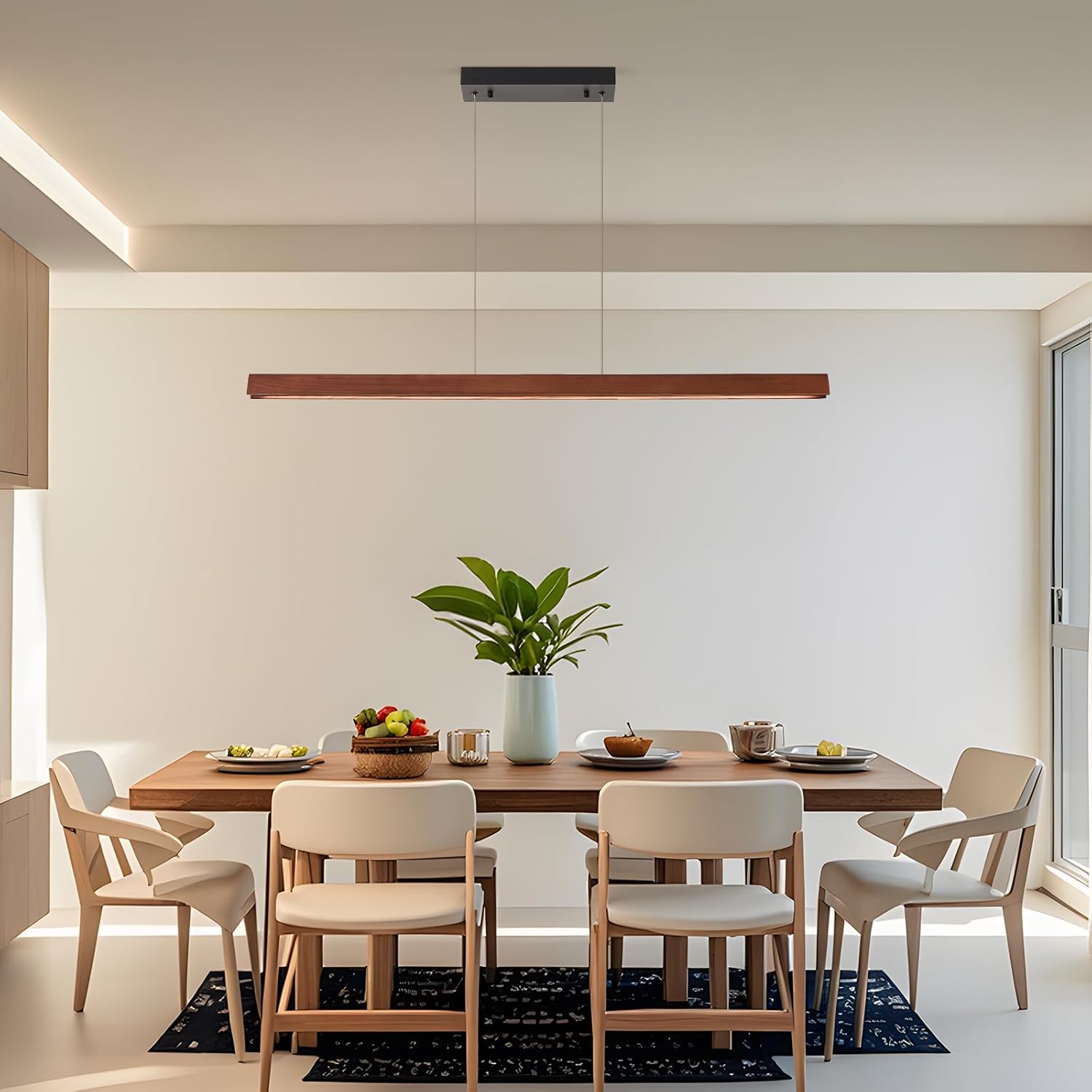 43" Wood Linear Pendant Light, 24W Hanging Pendant Light, Dimmable Modern Led Pendant Lighting, Adjustable Wood Linear Chandeliers for Dining Room, Kitchen Island, Bar, Pool Table-Walnut
