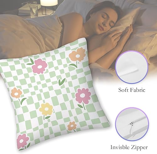 Miniatura 2 de Fundas de almohada de flores verdes a cuadros de 18 x 18 pulgadas, juego de 2 fundas cuadradas decorativas de verano para casa de campo para el