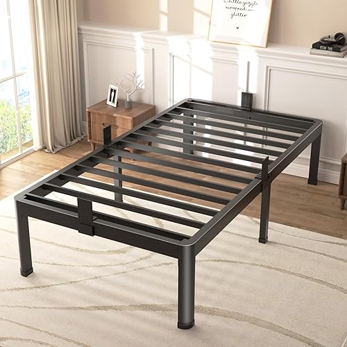 Twin Bed Frames with Round Corner Edge Legs, 14 Inch High 3500 lbs Heavy Duty Metal Platform Bed Frame Twin Size, No Box Spring Needed/Non-Slip/Steel Slat Support/Noise Free