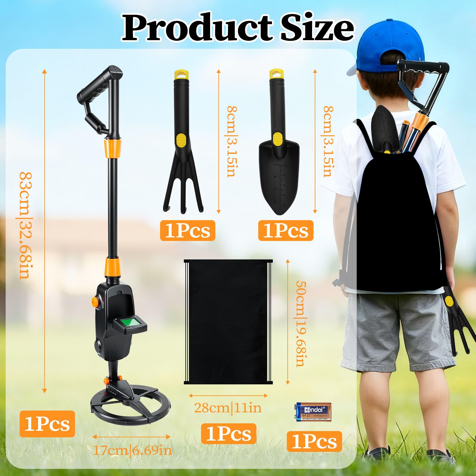 Metalldetektor Kinder, Metal Detector mit LCD und Tonanzeige, Leichtgewicht Metalldetektor Set mit wasserdichter Suchspule, mit Schaufel, Rechen und Rucksack, für Kinder oder Anfänger