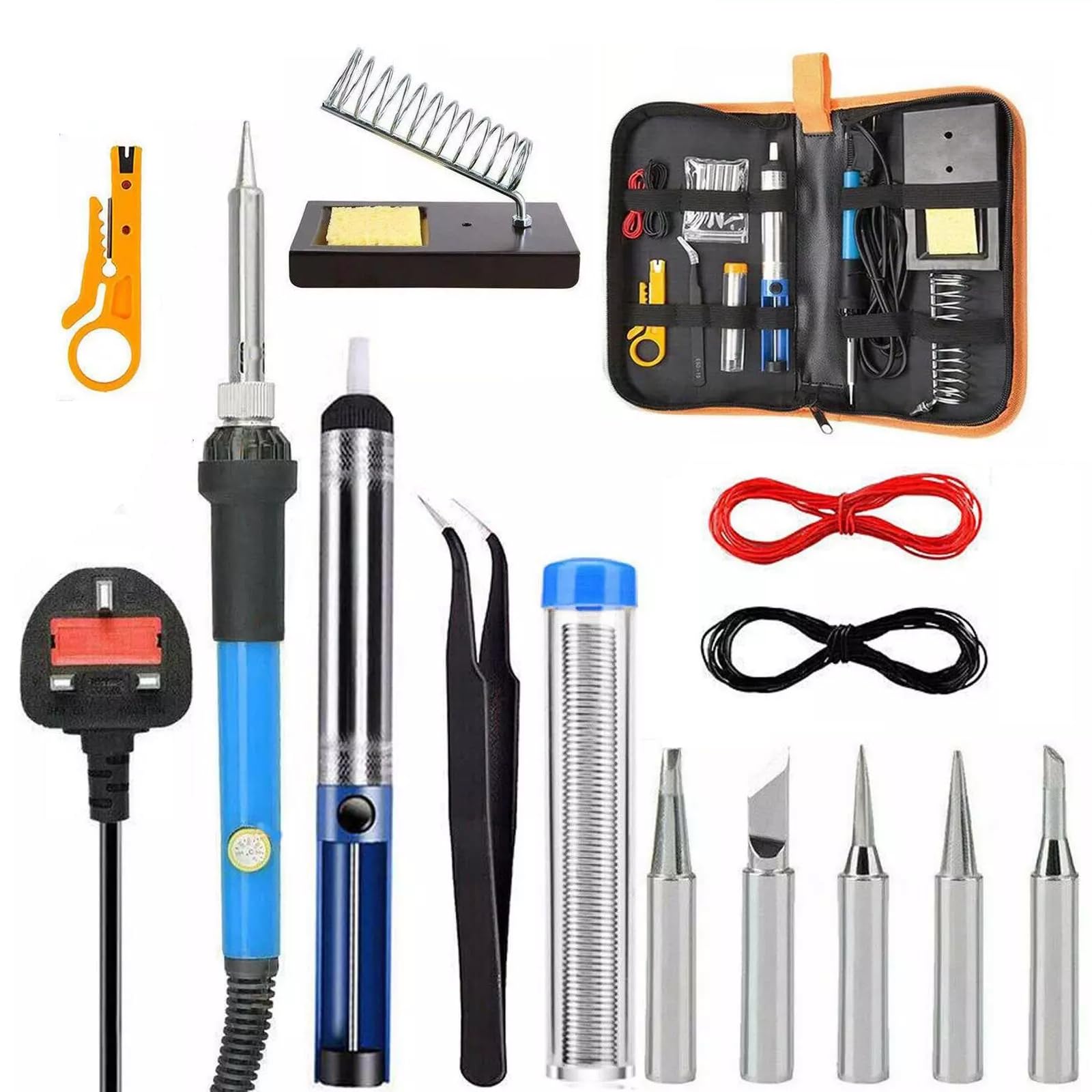 True Face Soldering Iron Kit, 15 in 1, 60W, Adjustable Temp 200-450°C Welding Gun, Desoldering Pump, 5 Tips, Stand, Cleaning Sponge, Tweezers, Wire Stripper Cutter, Carry Bag