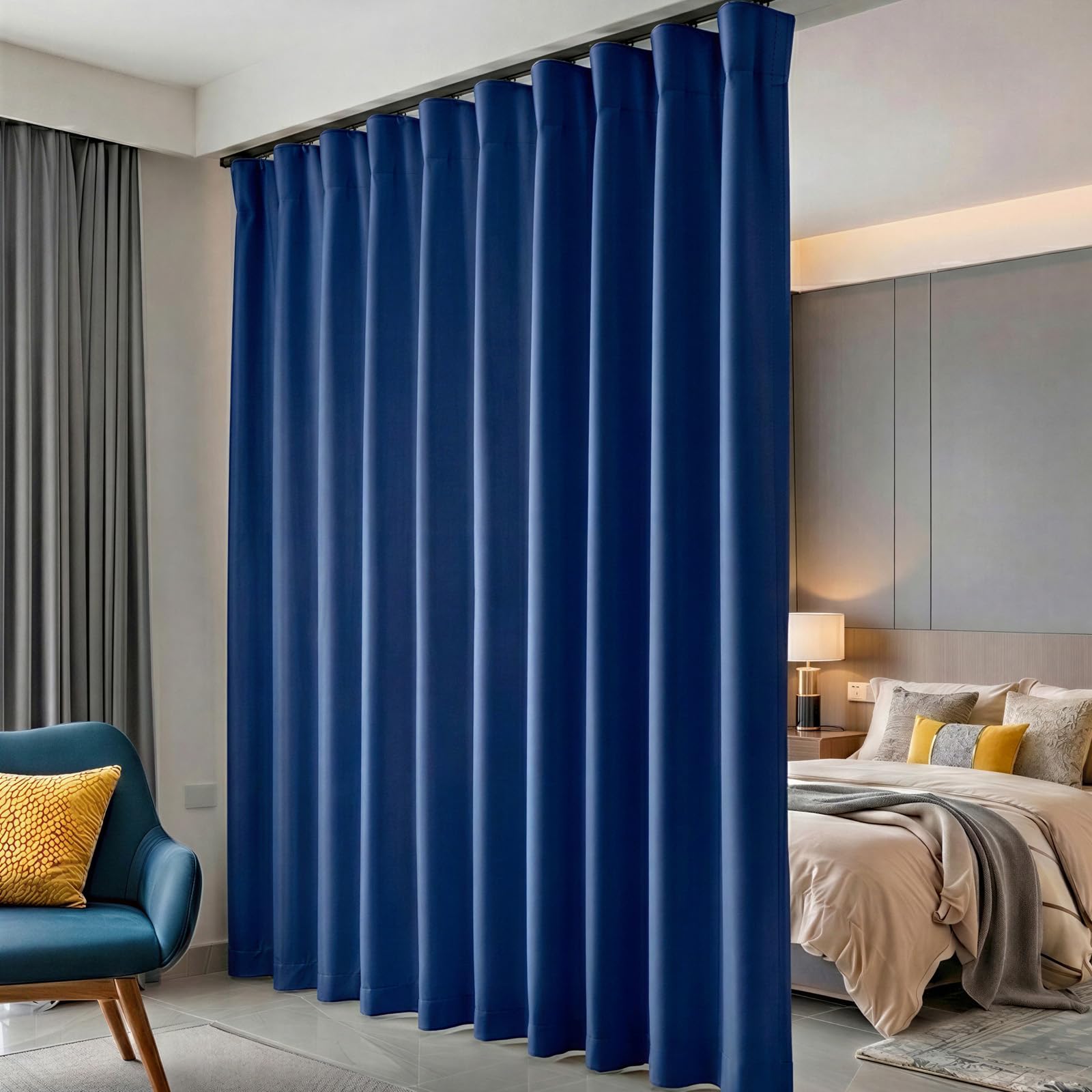 Hoeflife Room Divider Curtains Blackout Floor to Ceiling Curtain with Hook Sliding Door Curtains Ceiling Mount Extra Wide Curtain Wall Divider for Room Separation (Navy Blue, W100 x H108 Inch)