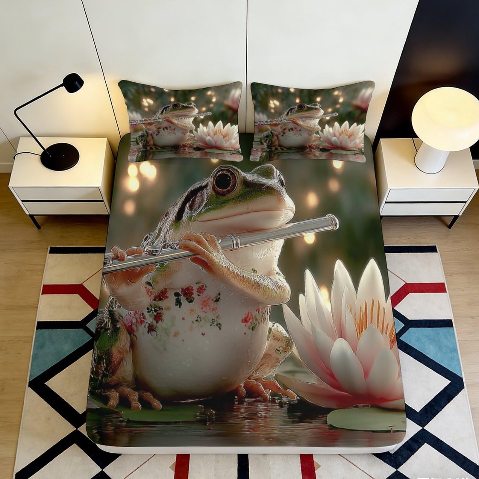 3D Printed Frog Playing Flute Fitted Sheet Microfiber Soft Water Lily Mattress Cover Artistic Bedroom Decor 200x200x25cm