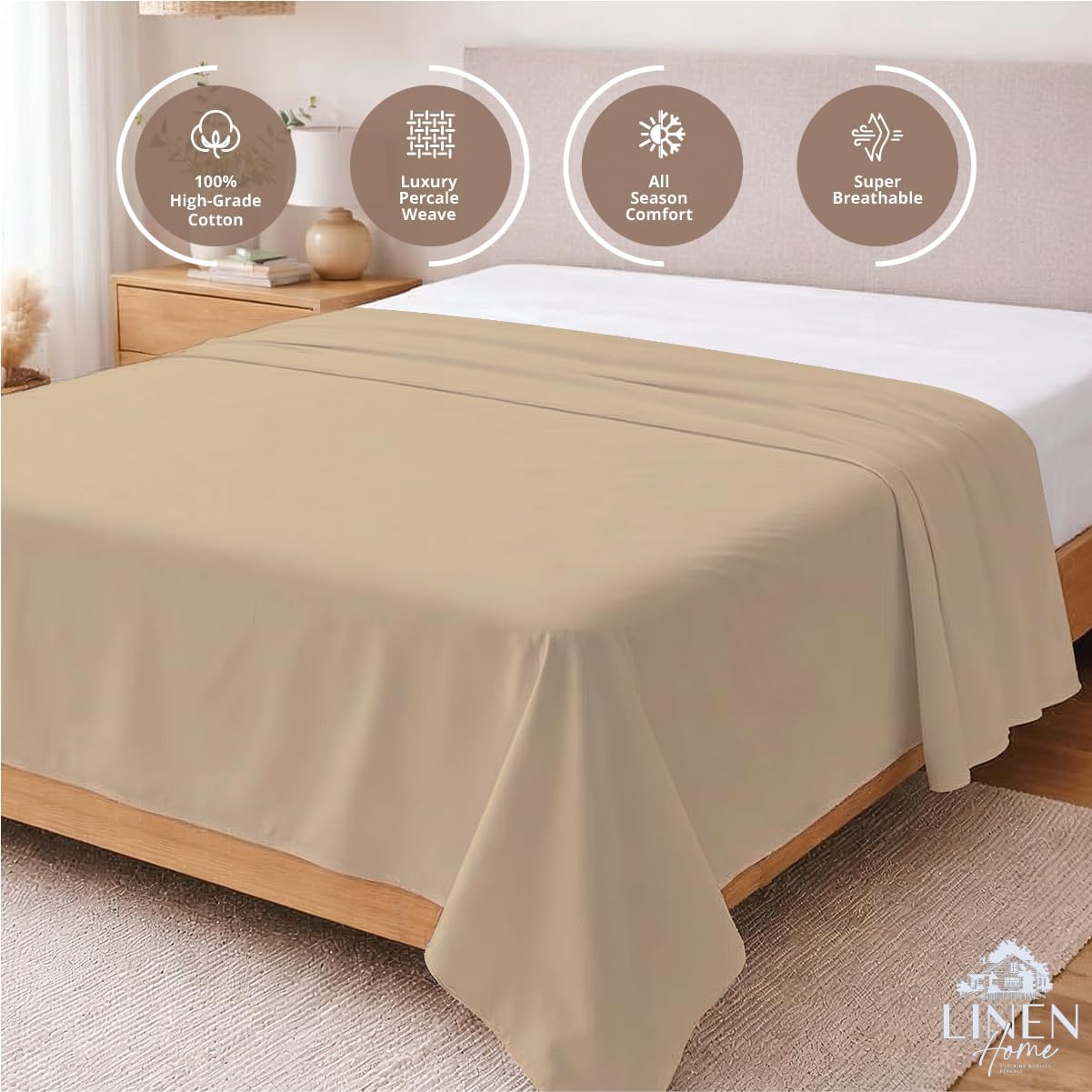 Linen Home 100% Cotton Percale 1 Flat Sheet, Queen Size - Crisp, Cool and Strong Bed Linen, Luxury Breathable Sheet, Light Taupe