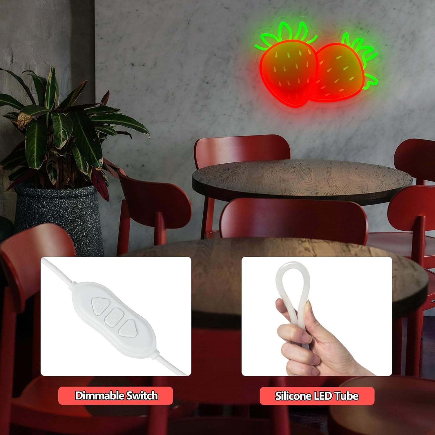 Strawberry Neon Sign for Wall Decor, Dimmable Printing Strawberries Fruits Neon Lights, Vibrant Fruit Themed Neons LED Signs for Kids Room, Bedroom, Restaurant, Bar, Club, Fruit Shop, Birthday Party
