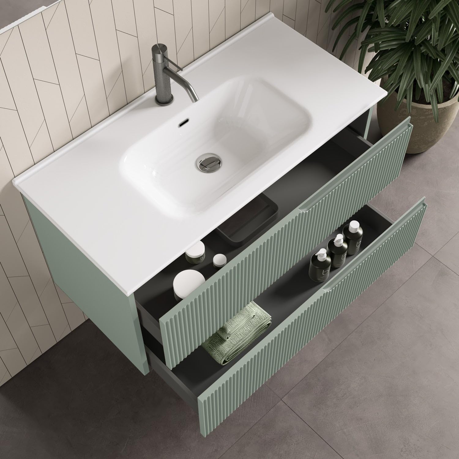 AQA DESIGN mobile bagno composizione 4 pezzi, mobile bagno con lavabo, base sospesa con frontali in MDF cannettato, set mobili bagno nr2 cassetti - Verde - 121x46,5x190 cm