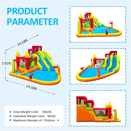 Miniatura 5 de Casa inflable de rebote con toboganes, tobogán acuático inflable para patio trasero de niños, Prak de agua de rebote con soplador de aire, piscina