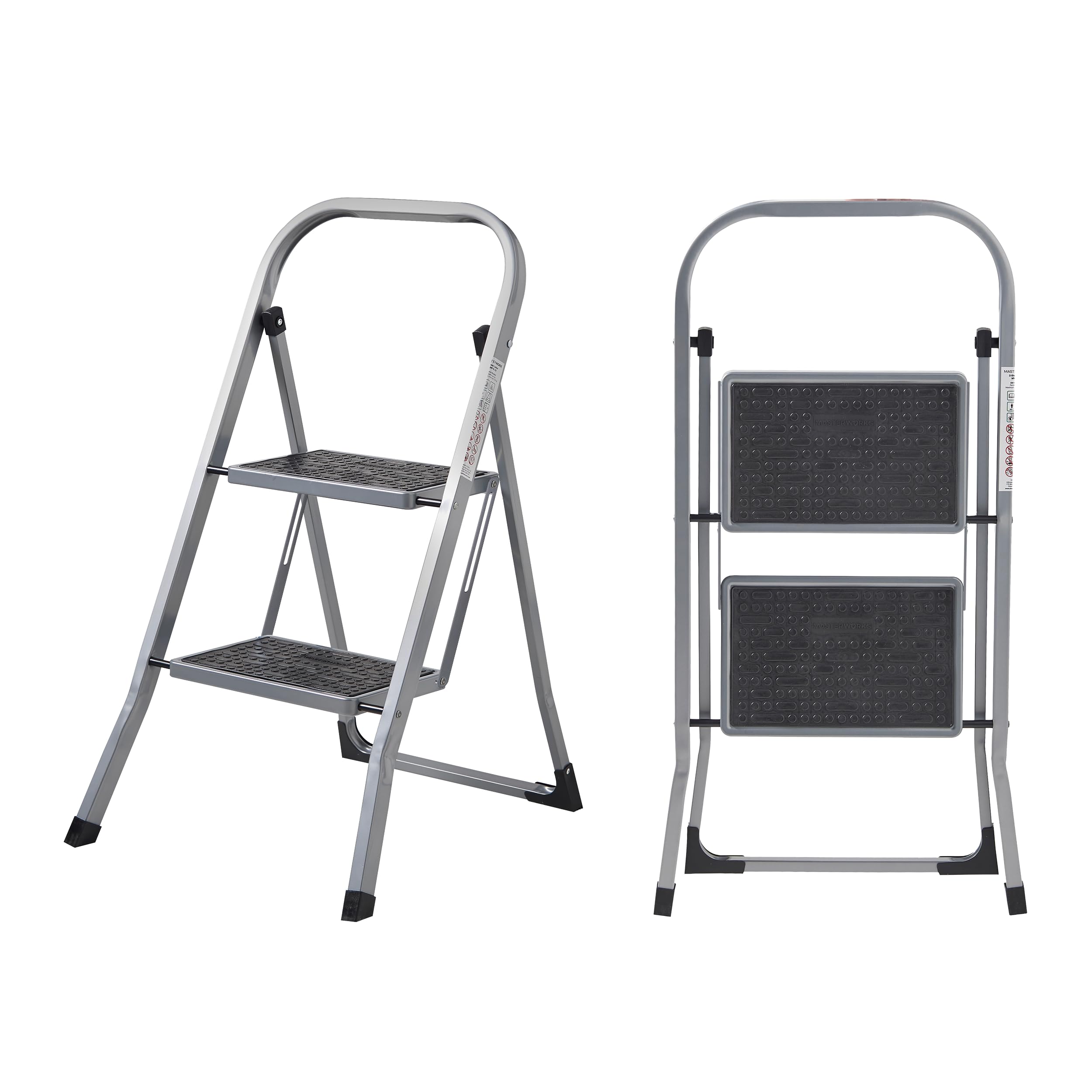MasterWorks 2 Step Ladder | Heavy Duty Folding Steel Stepladder with Safety Handle | 150kg Max Capacity | Wide Anti-Slip Steps & Feet | Easy to Store | Ideal for Home, Kitchen, Garage & DIY Use