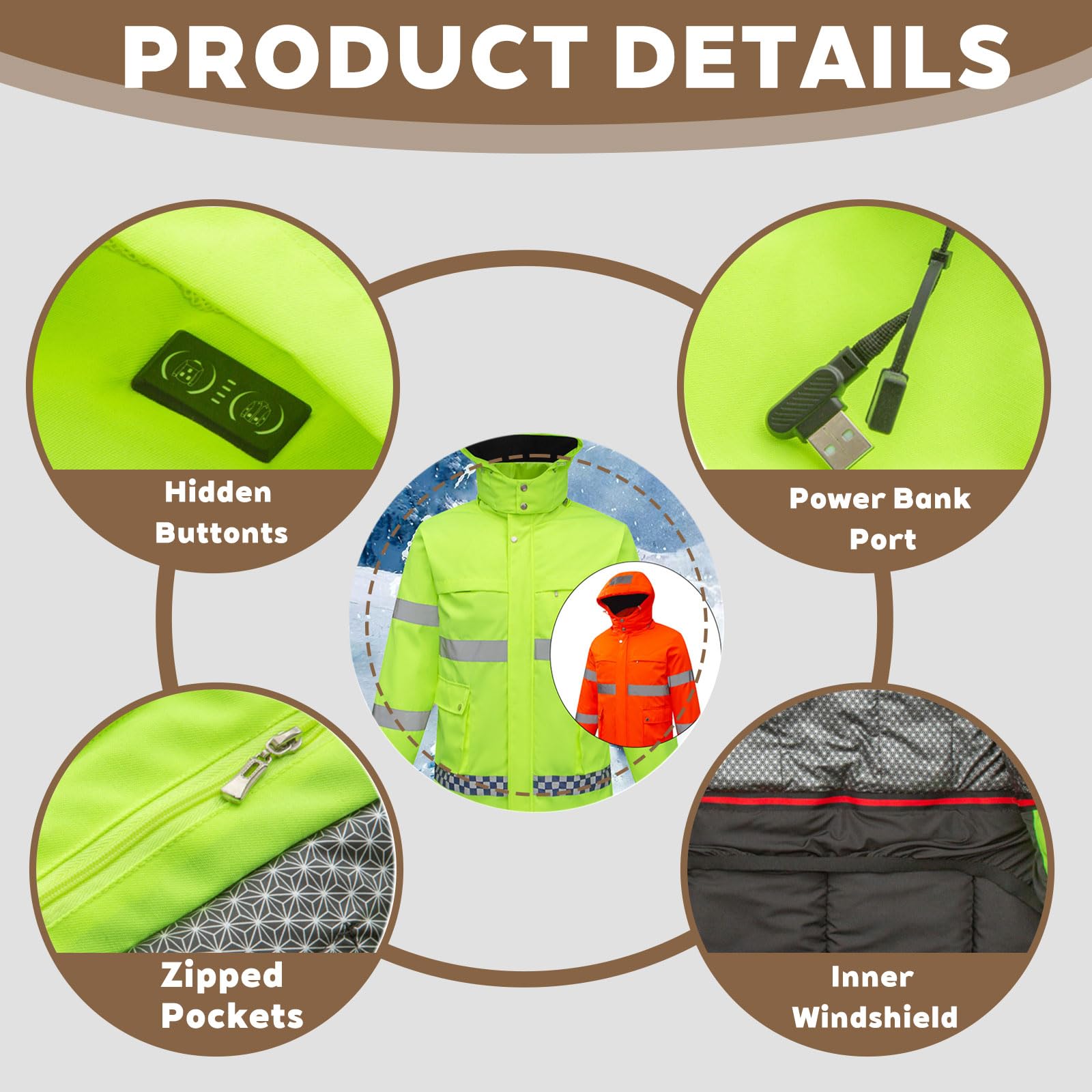 Chaqueta calefactable, Chaqueta de Alta Visibilidad, Abrigos térmicos, Chaqueta de Trabajo Impermeable con Tiras Reflectantes, para Acampar al Aire Libre y senderismoGreen,4XL