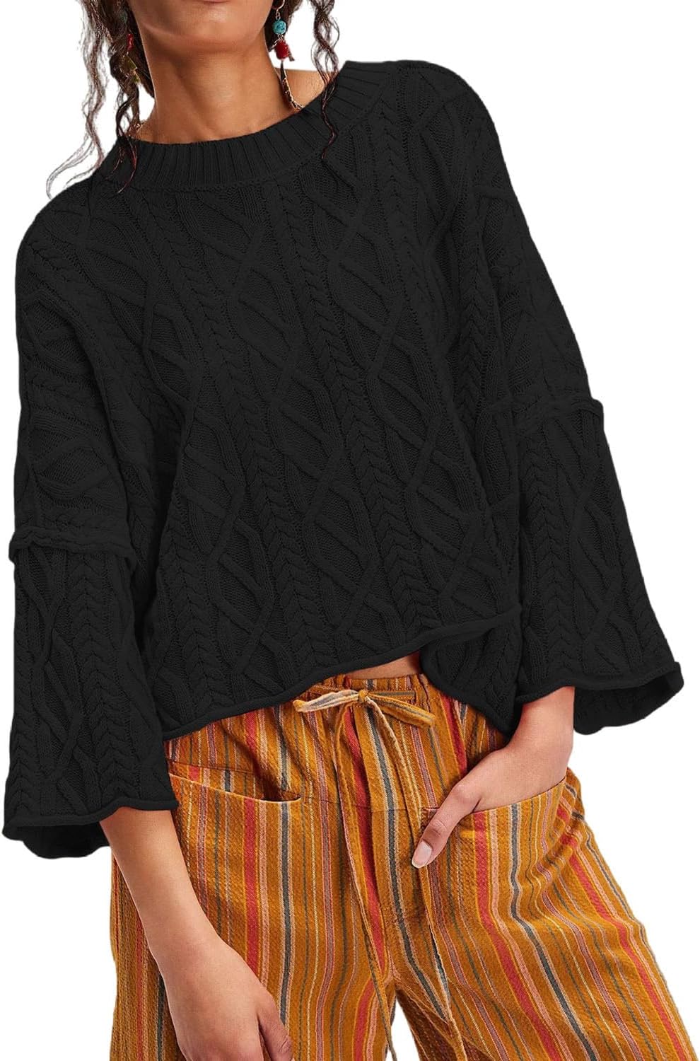 yoeasy Womens Cropped Sweaters Oversized Cable Knit Crewneck Long Sleeve Pullover Trendy Casual Loose Sweater Tops