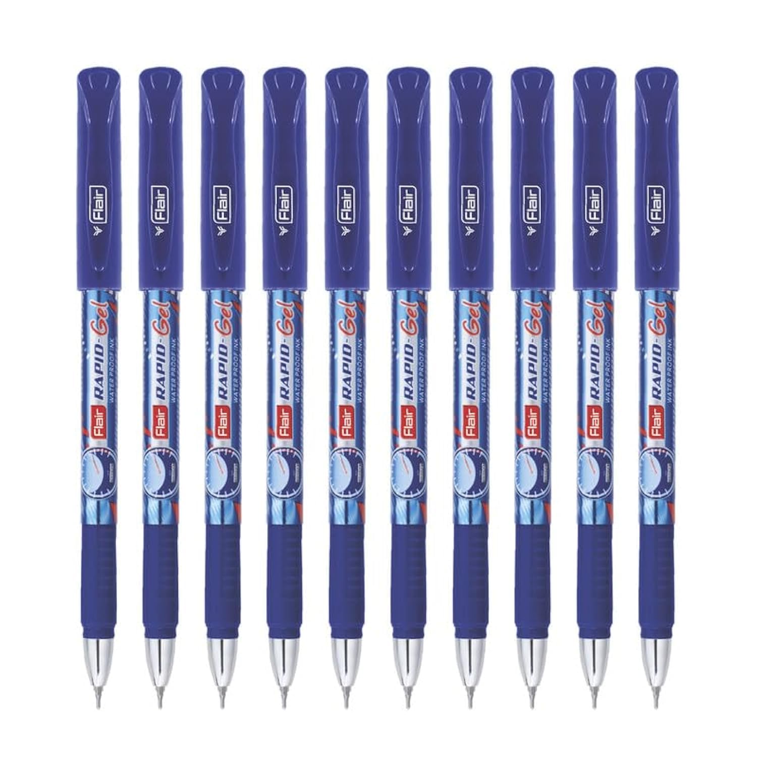 FLAIR Super Smooth Rapid 0.5mm Gel Pen | Comfortable Grip for Easy Hold | Elegant Metal Clip With Soft Rubber Grip | Waterproof Ink For Smudge Free Writing | Blue Ink, Pack of 10 Pens