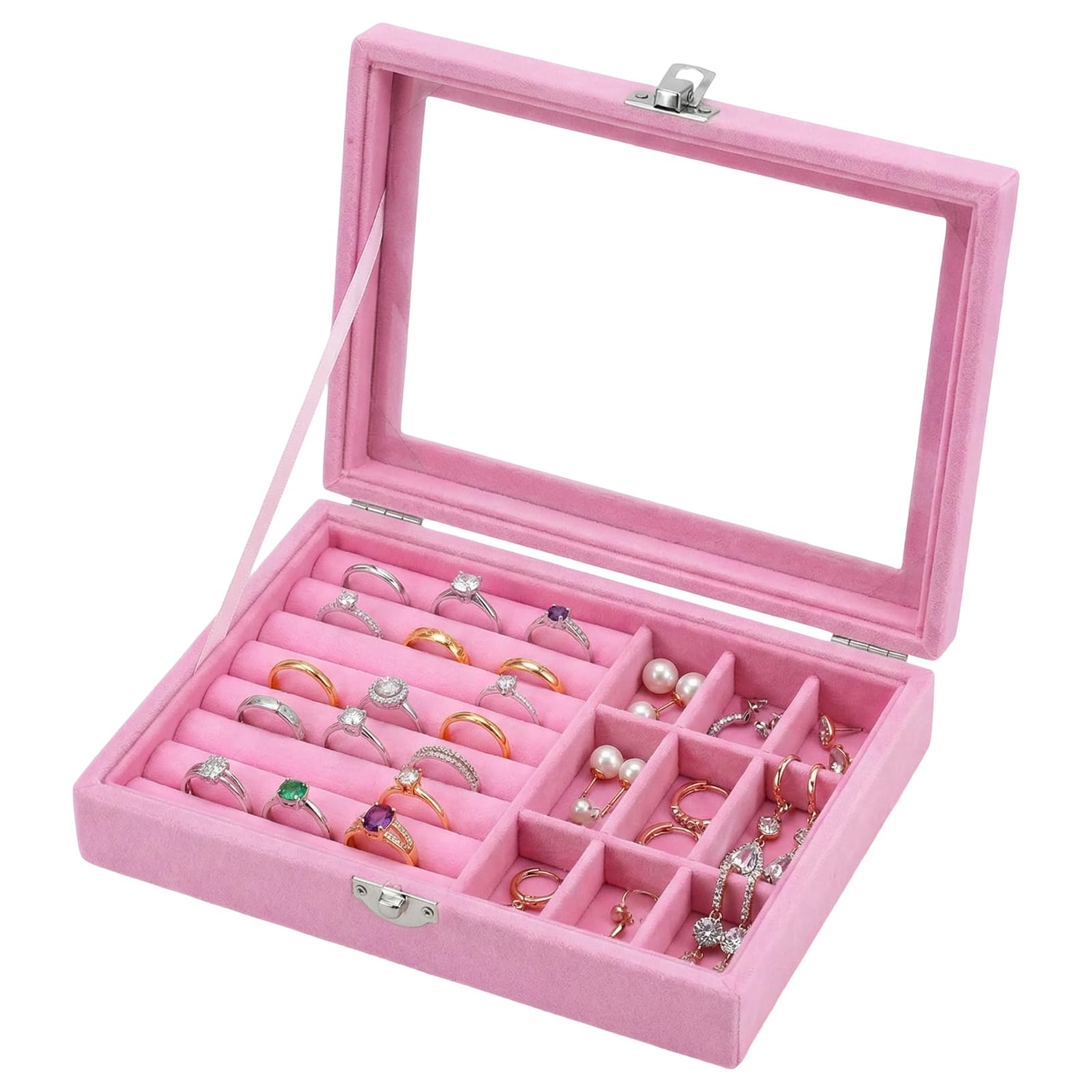 Rthynti Women's Pink 9 Grid Jewelry Storage Case, Velvet Jewellery Box For Ring Earring Necklace, Earrings Organizer With Clear Lid Lockable Jewellery Showcase For Rings