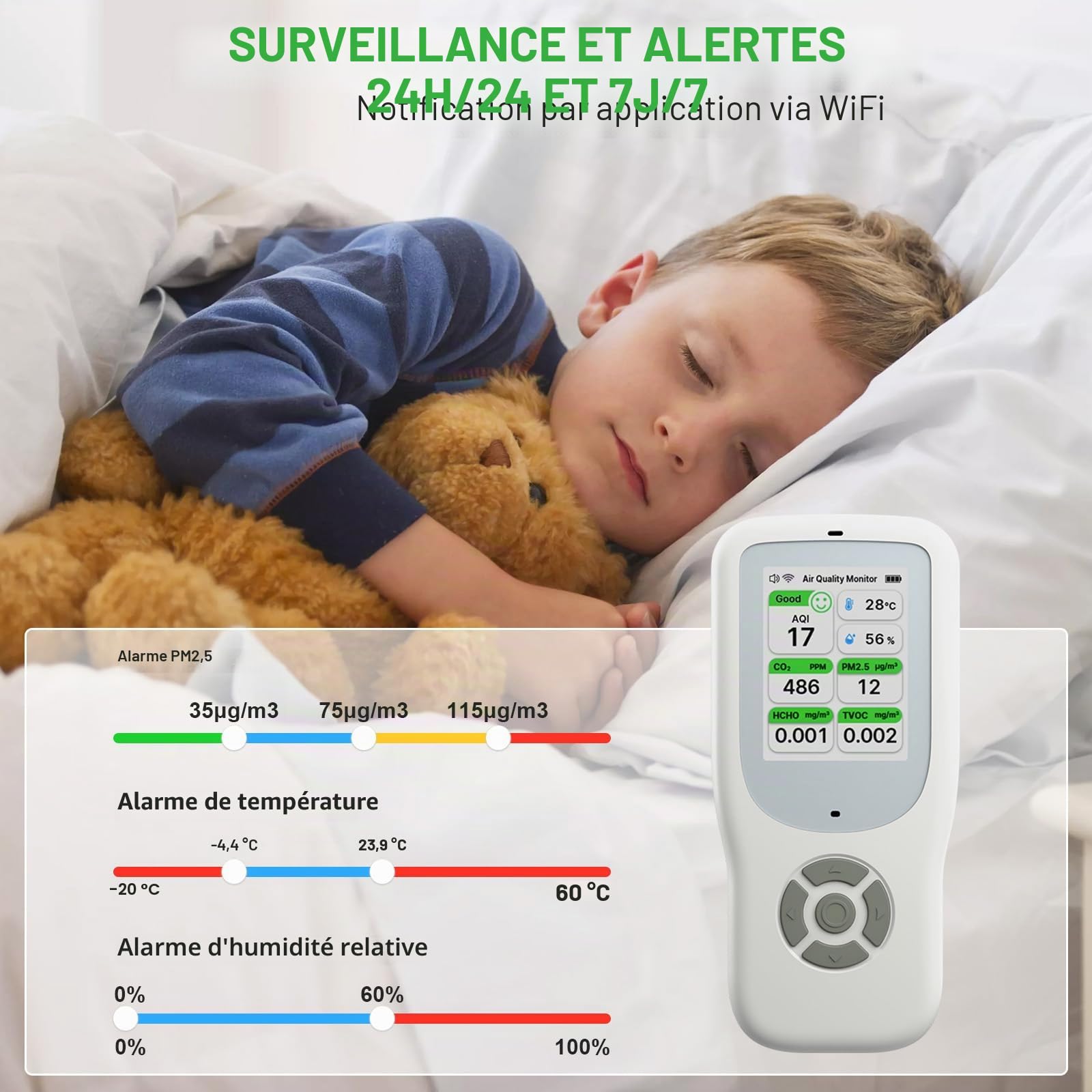 10 en 1 Appareils Mesurant Qualité Air Intérieur, WiFi Détecteur de AQI, CO2, PM1.0, PM2.5, PM10, HCHO, TVOC, Température et Humidité, Moniteur de Pollution détecteur co2 connectivité avec APP