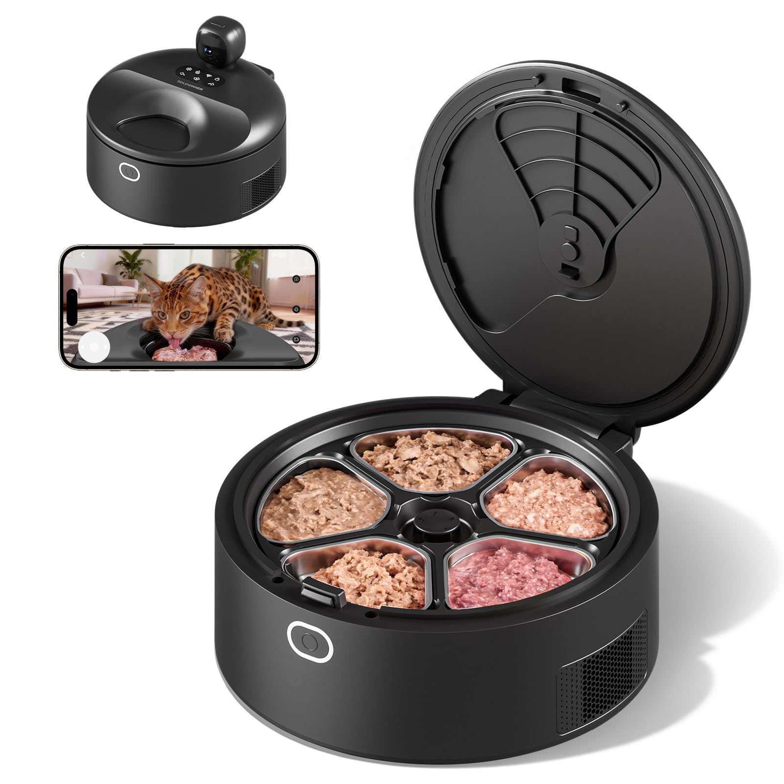 Automatic Cat Feeder Wet Food for 5 Meals, Semiconductor Cooling & Pre-Heating Pet Food Dispenser with Night Vision Camera, App-Control Auto Cat Feeder with Food-Grade Stainless Tray (Black)